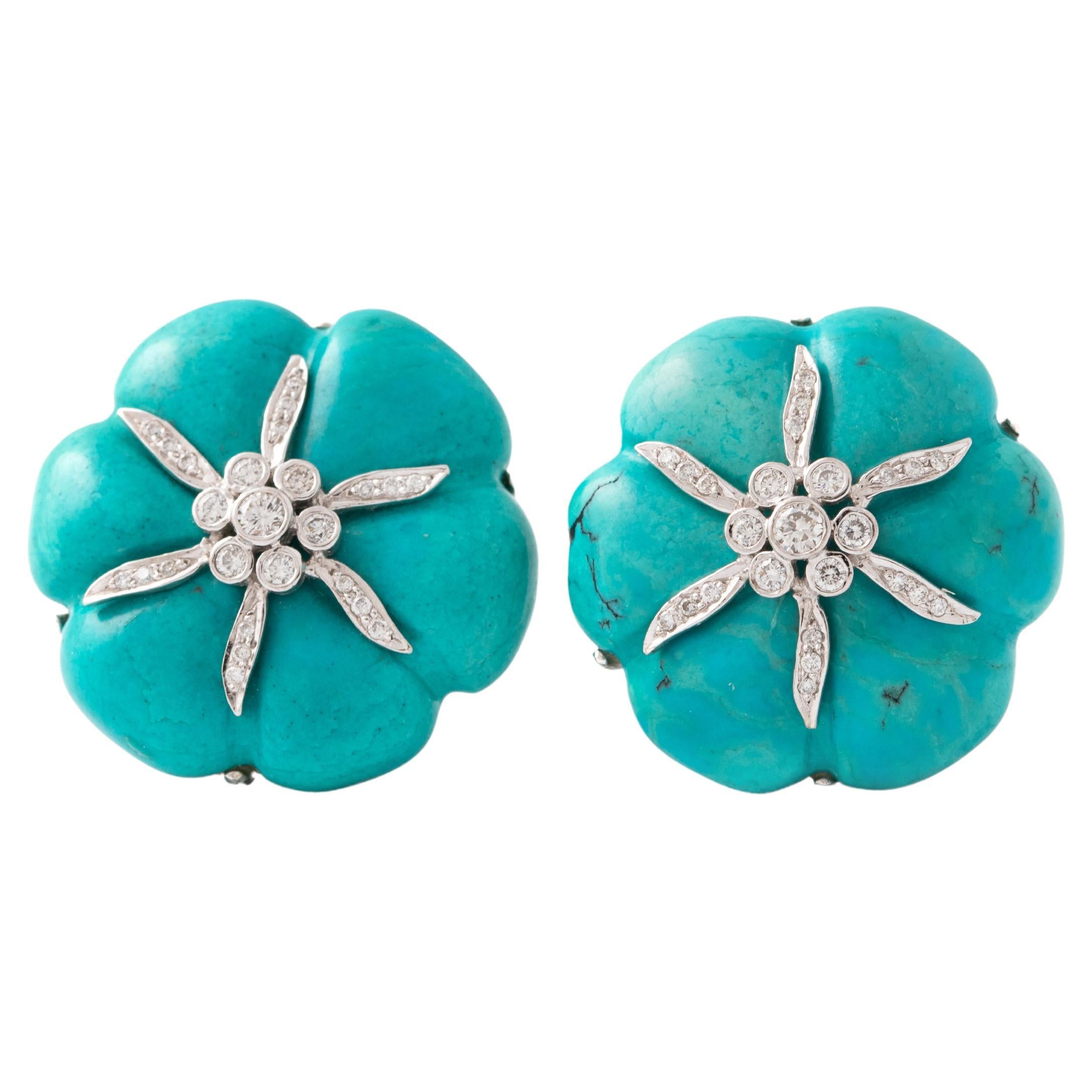 Natural Turquoise Diamond White Gold Earrings For Sale