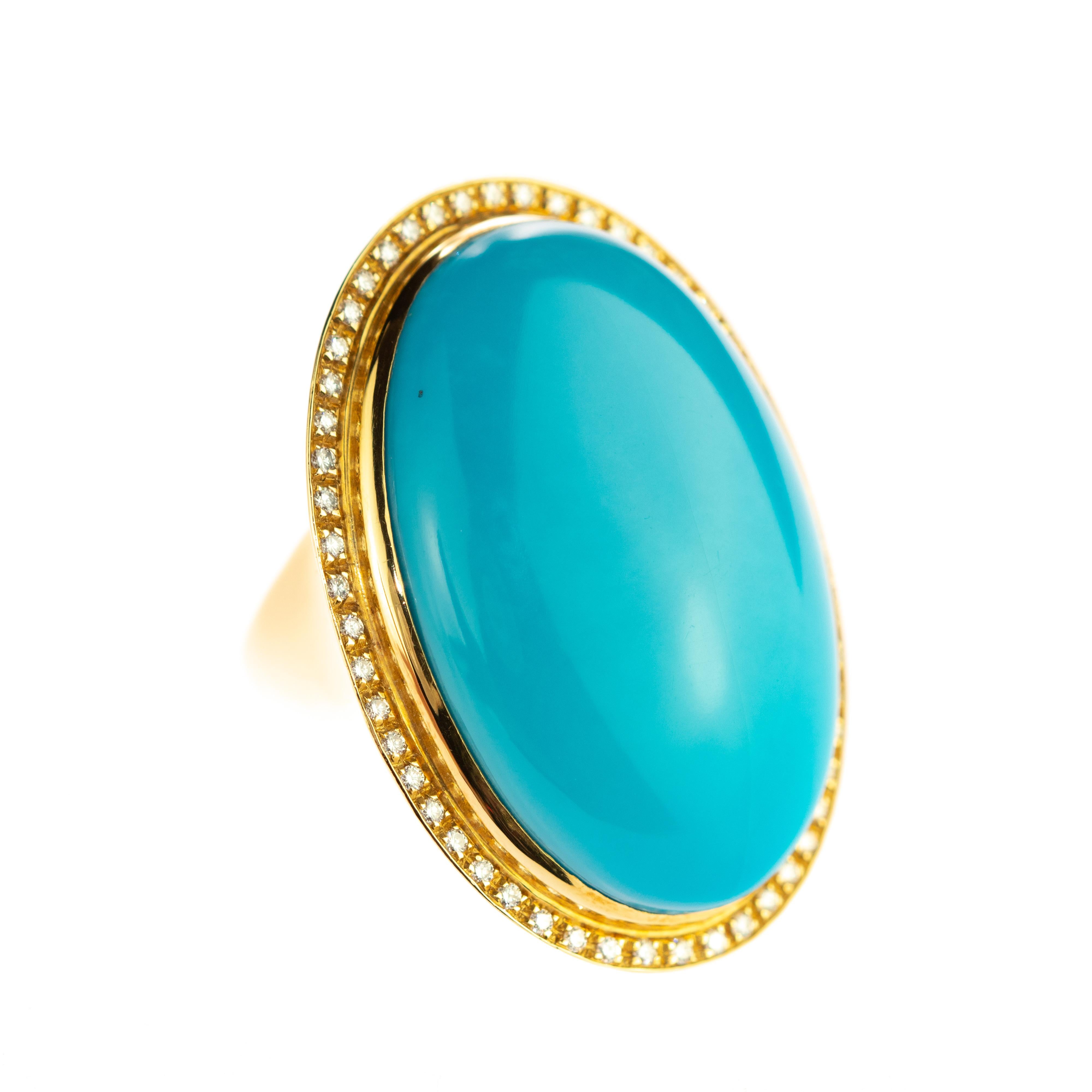Empire Natural Persian Turquoise Diamond 18 Karat Yellow Gold Bezel Oval Cocktail Ring