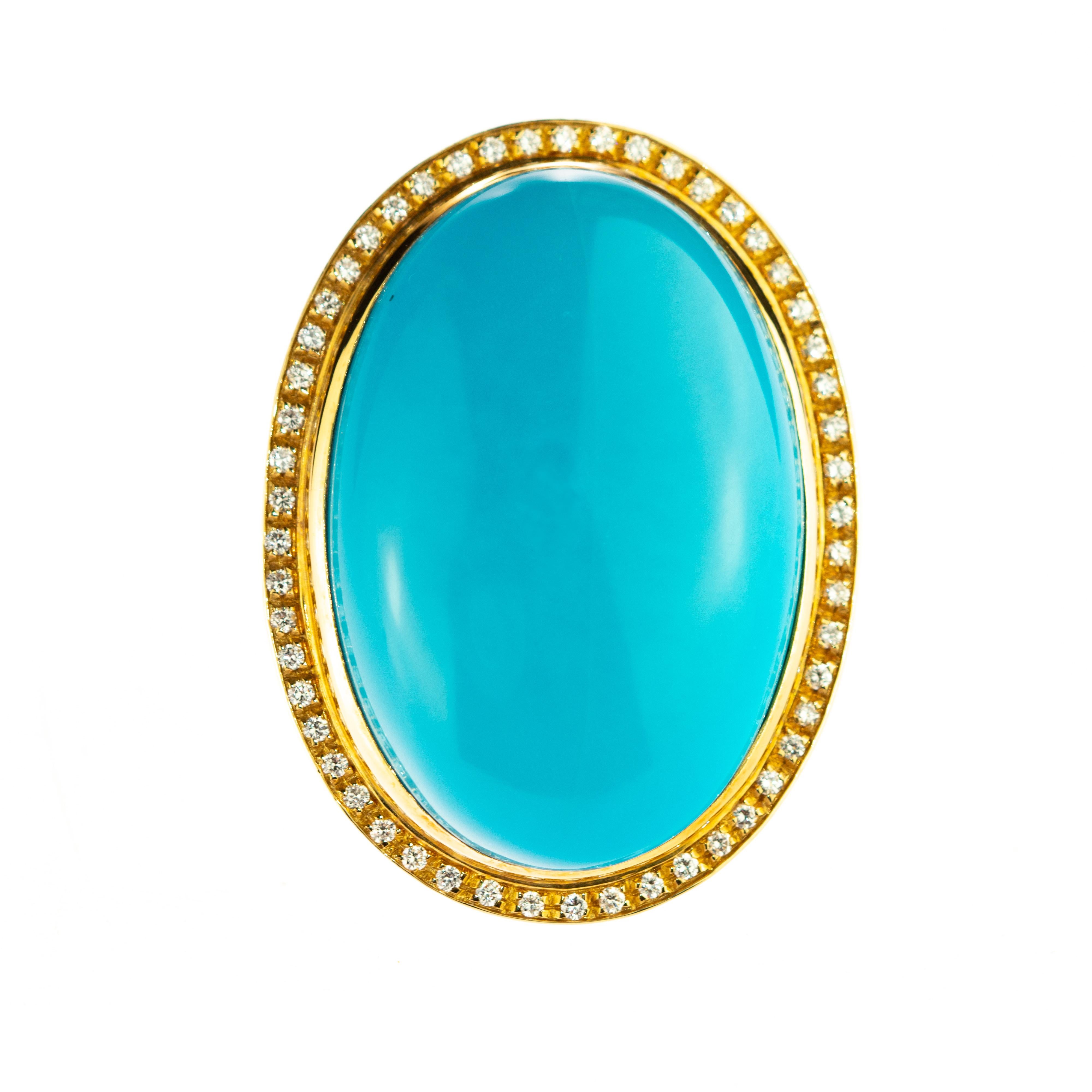 Mixed Cut Natural Persian Turquoise Diamond 18 Karat Yellow Gold Bezel Oval Cocktail Ring