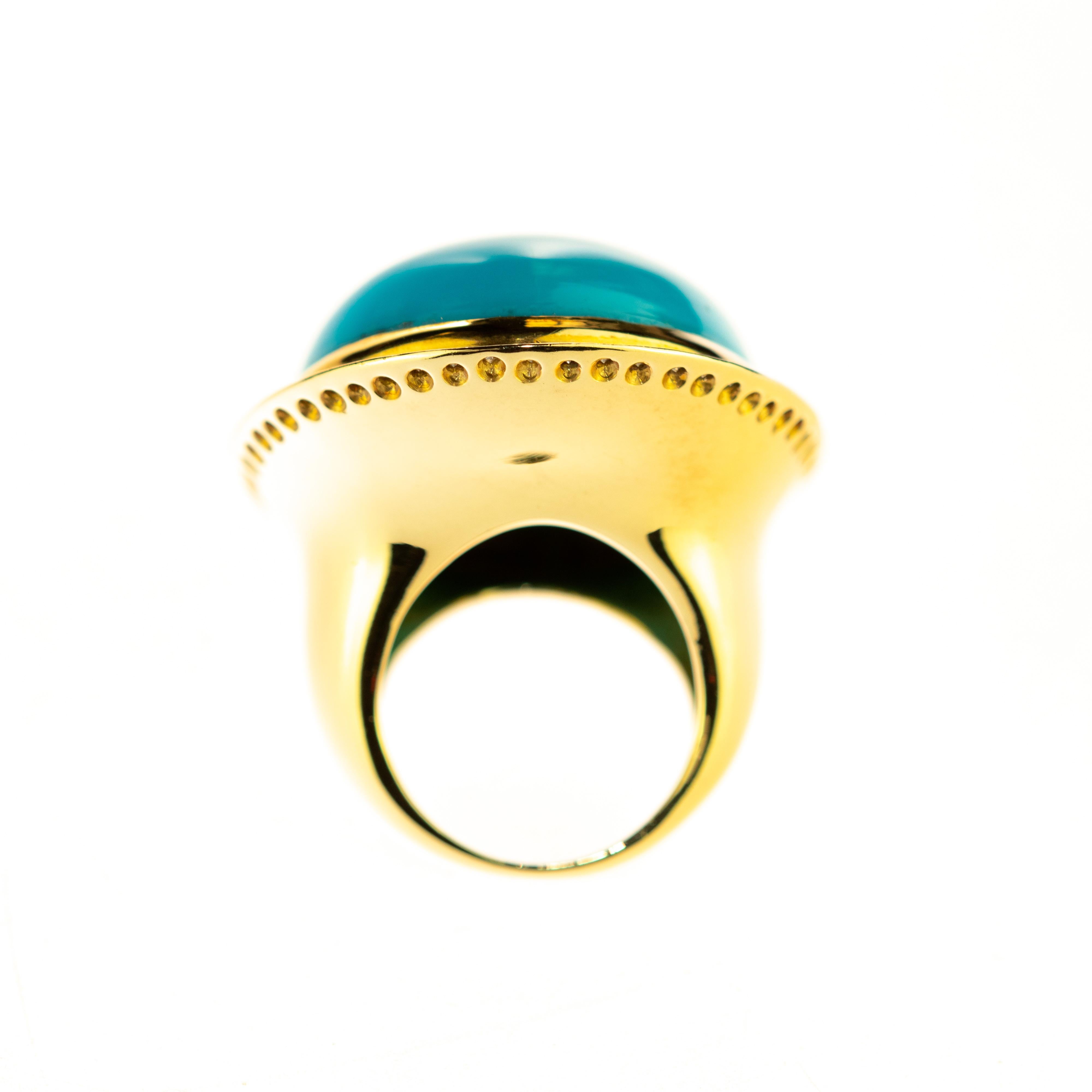 Natural Persian Turquoise Diamond 18 Karat Yellow Gold Bezel Oval Cocktail Ring 2