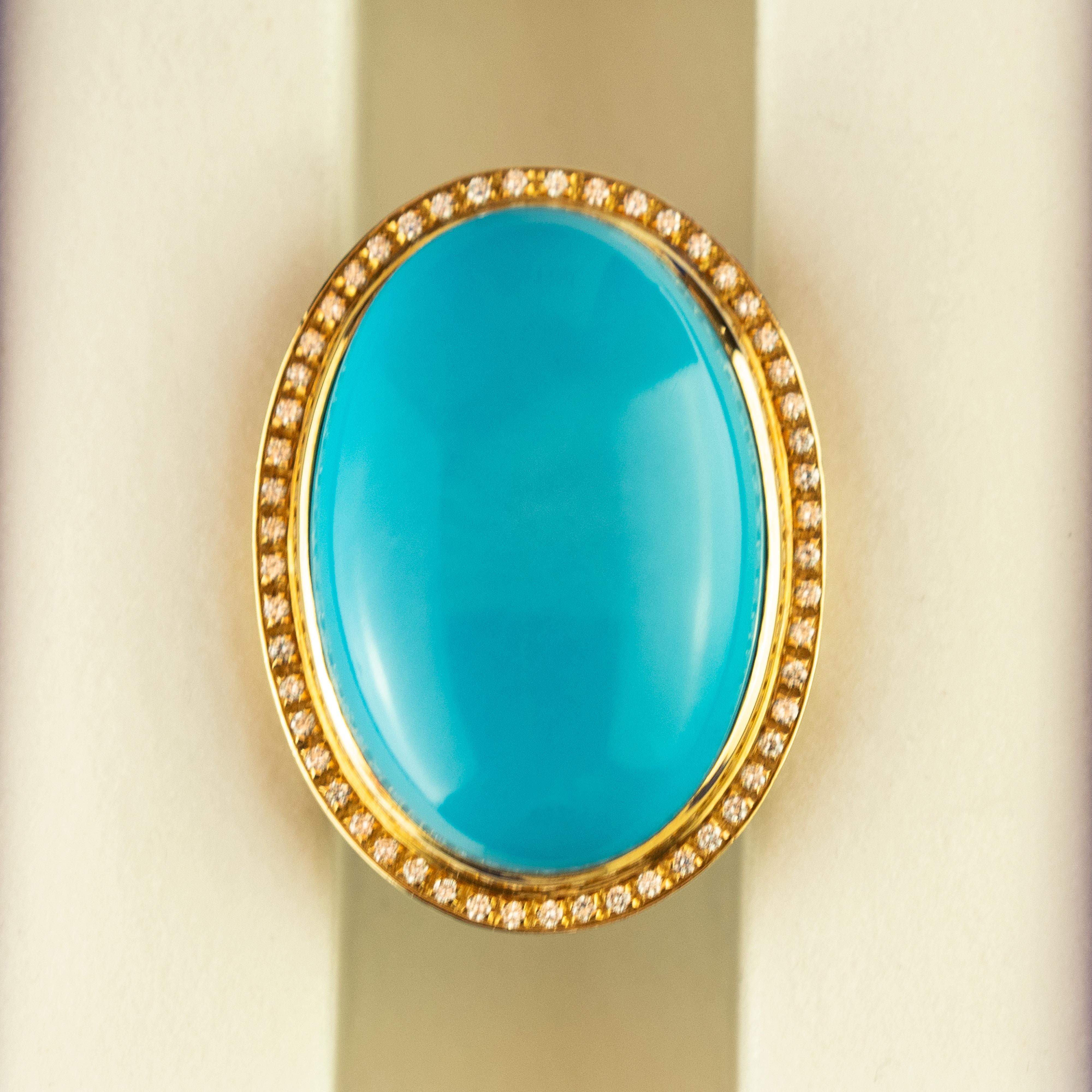 Natural Persian Turquoise Diamond 18 Karat Yellow Gold Bezel Oval Cocktail Ring 1