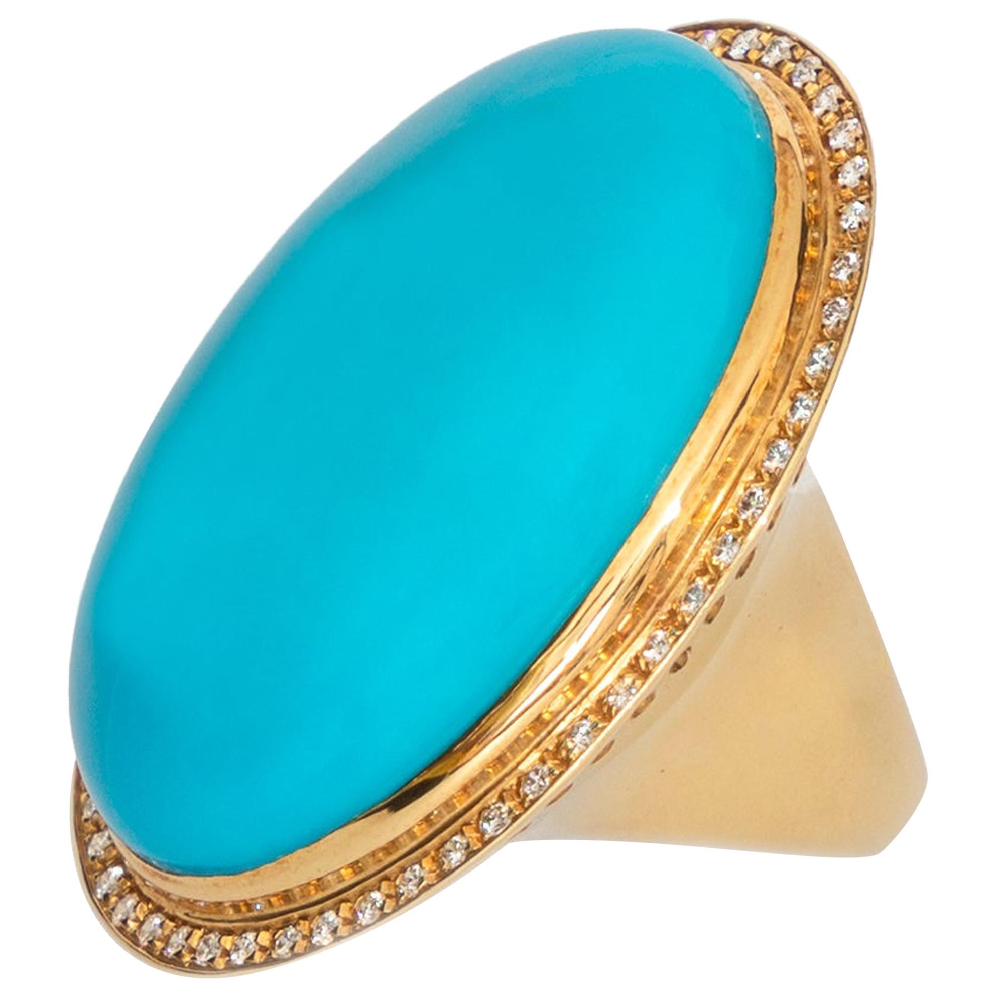 Natural Persian Turquoise Diamond 18 Karat Yellow Gold Bezel Oval Cocktail Ring