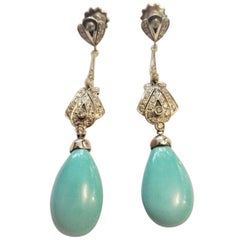 Natural Turquoise Diamonds Drop Earrings Set in 18 Karat White Gold