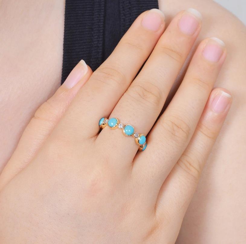 Naturtürkis & Diamanten Ring 14K Gold (Asscher-Schliff) im Angebot