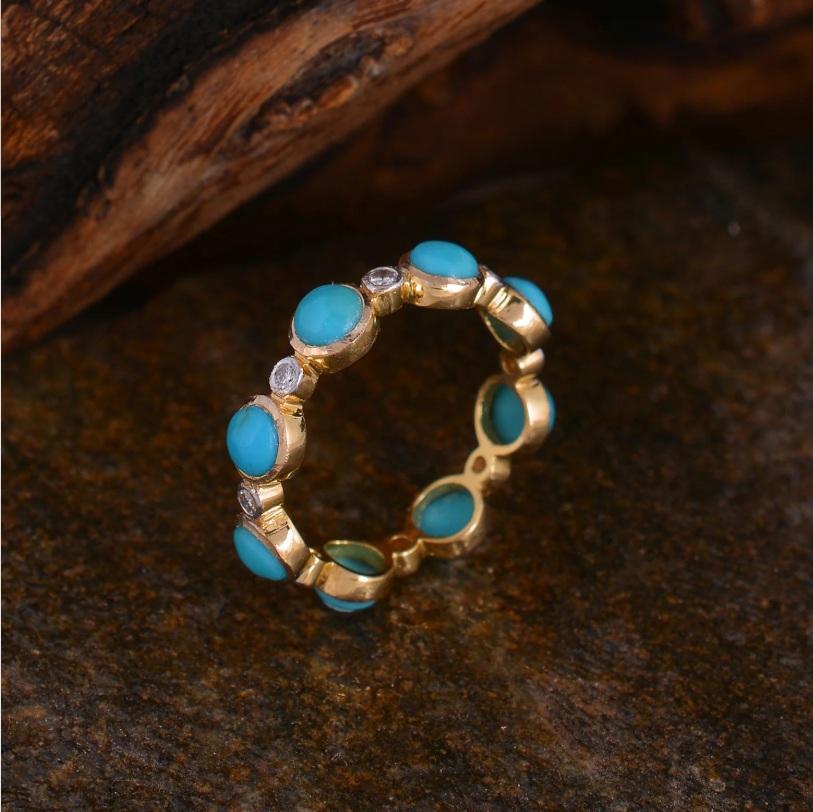 Naturtürkis & Diamanten Ring 14K Gold Damen im Angebot
