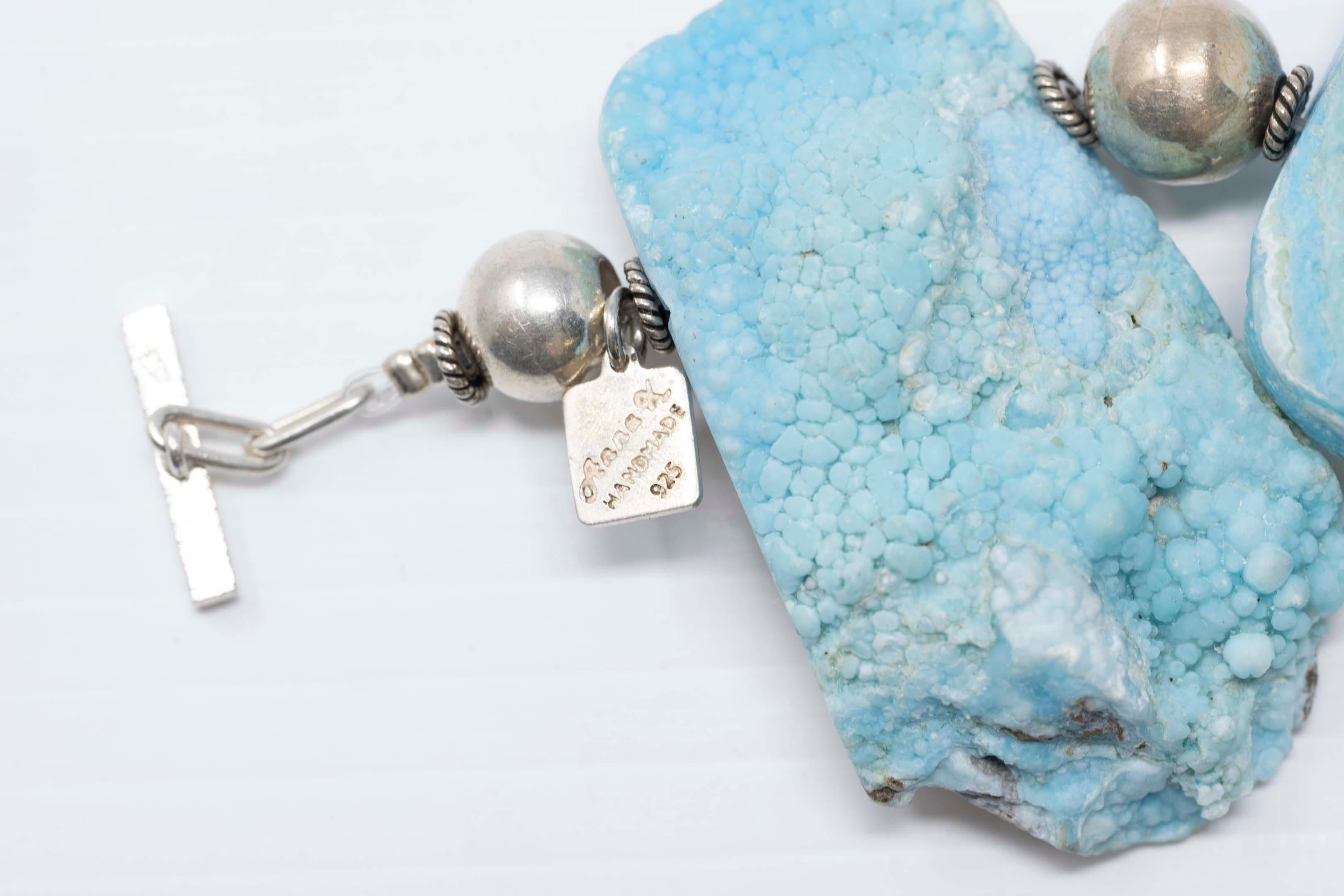 Modernist Natural Turquoise Druzy Quartz and Silver Necklace For Sale