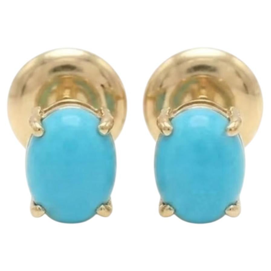 Orecchini a bottone con turchese naturale in oro giallo 14k, India, nuovi