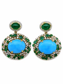 Designer 14K Gold Turquoise, Emerald & Diamond Earrings, 2.35ct