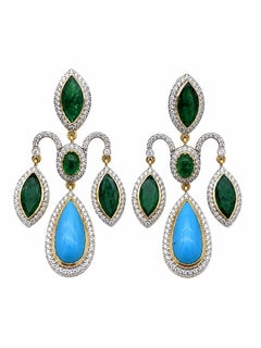 Natural Turquoise, Emerald, & Diamond Earring in 14k Gold