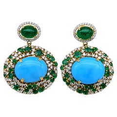 Designer 14K Gold Turquoise, Emerald & Diamond Earrings, 2.35ct