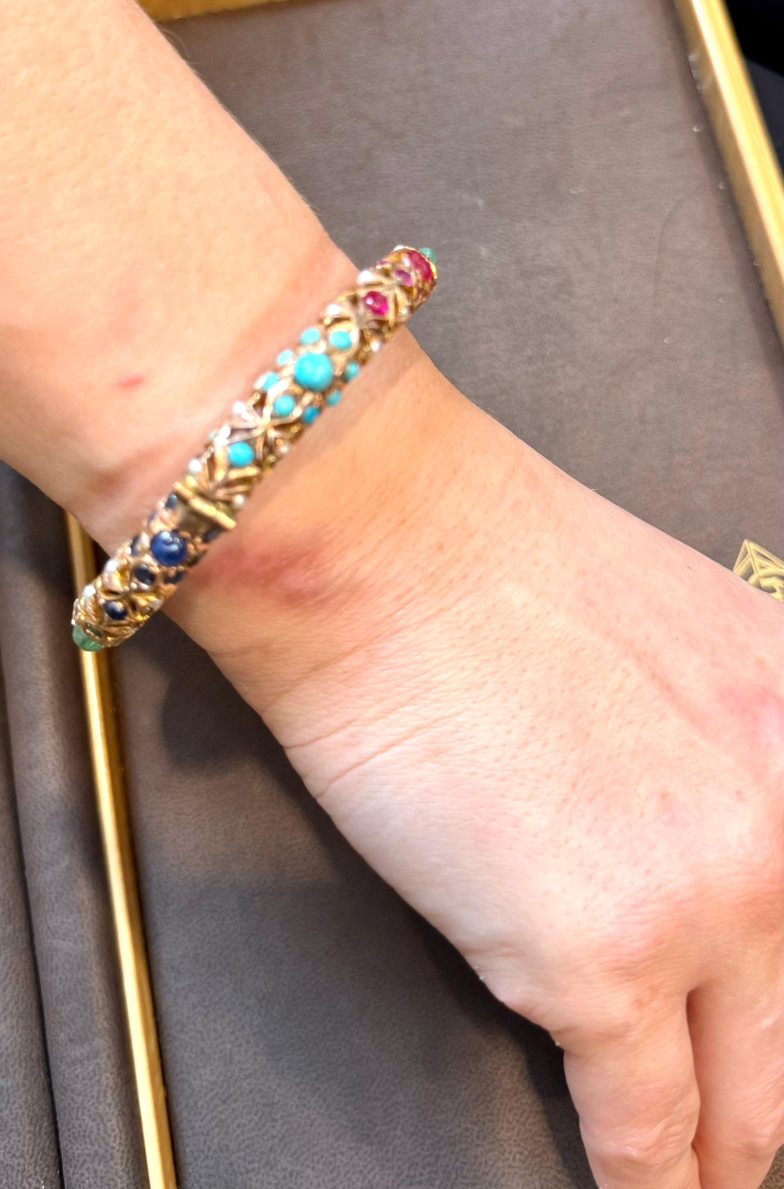 Turquesa natural Esmeralda Rubí Zafiro perla Brazalete de Oro Amarillo de 14 Kt 41 Gm en venta 9