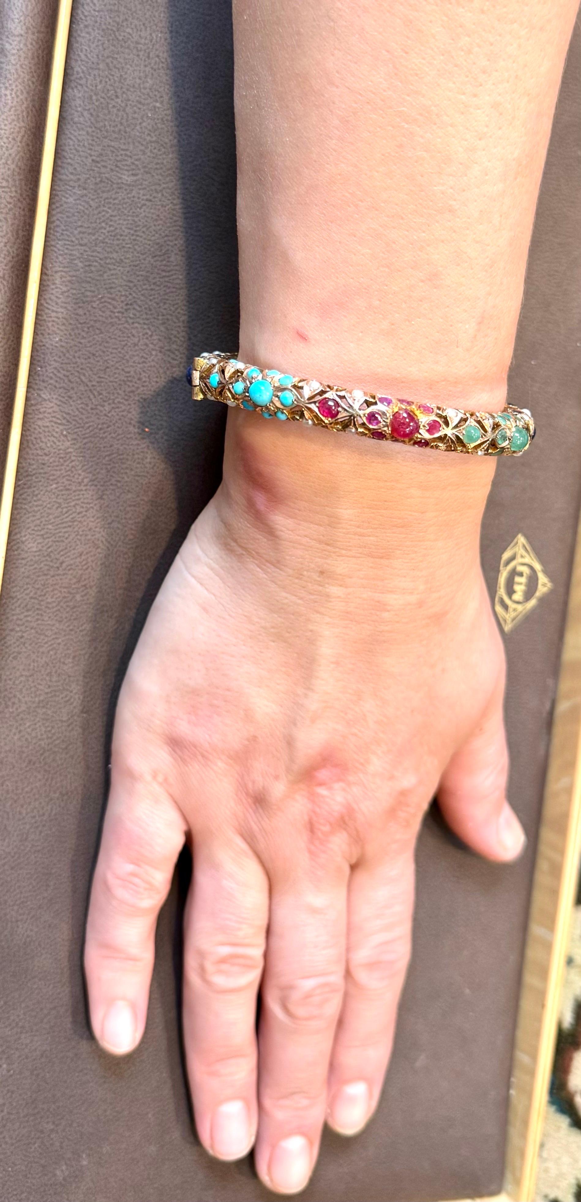 Turquesa natural Esmeralda Rubí Zafiro perla Brazalete de Oro Amarillo de 14 Kt 41 Gm en venta 10