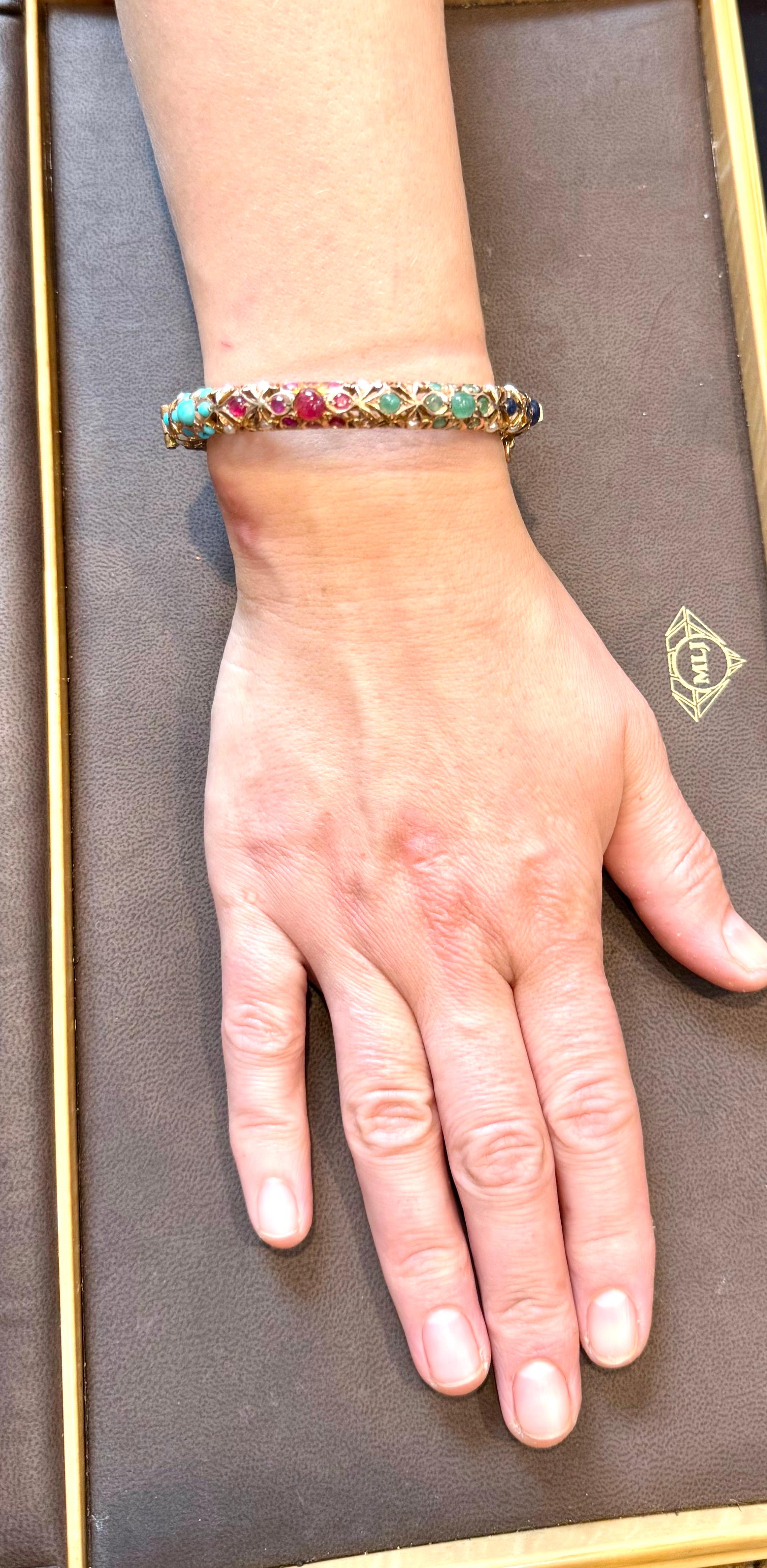 Turquesa natural Esmeralda Rubí Zafiro perla Brazalete de Oro Amarillo de 14 Kt 41 Gm en venta 12
