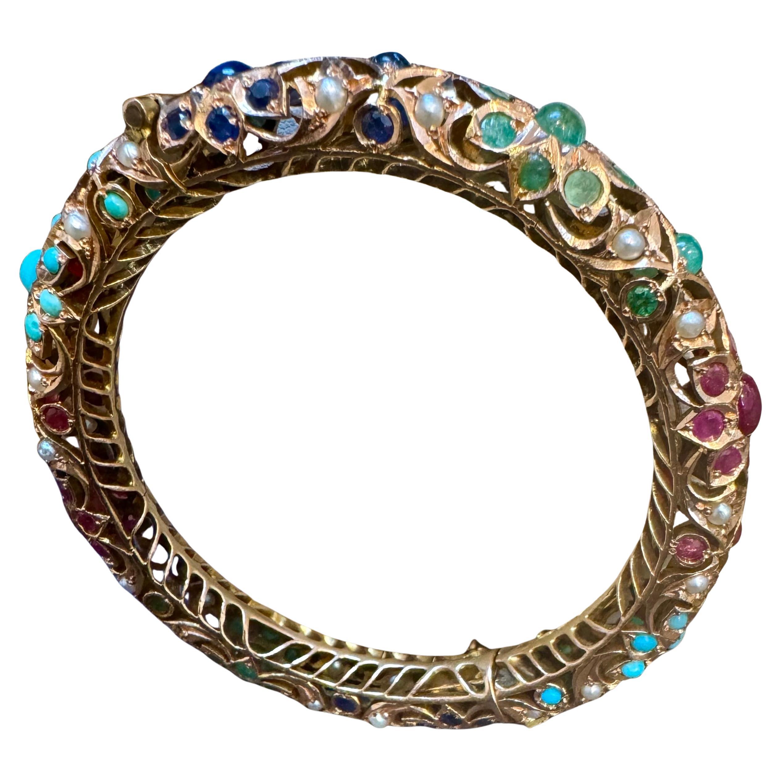 Turquesa natural Esmeralda Rubí Zafiro perla Brazalete de Oro Amarillo de 14 Kt 41 Gm en venta