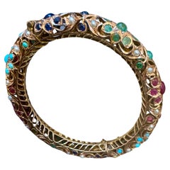 Natural Turquoise Emerald Ruby Sapphire pearl Bangle in 14 Kt Yellow Gold 41 Gm