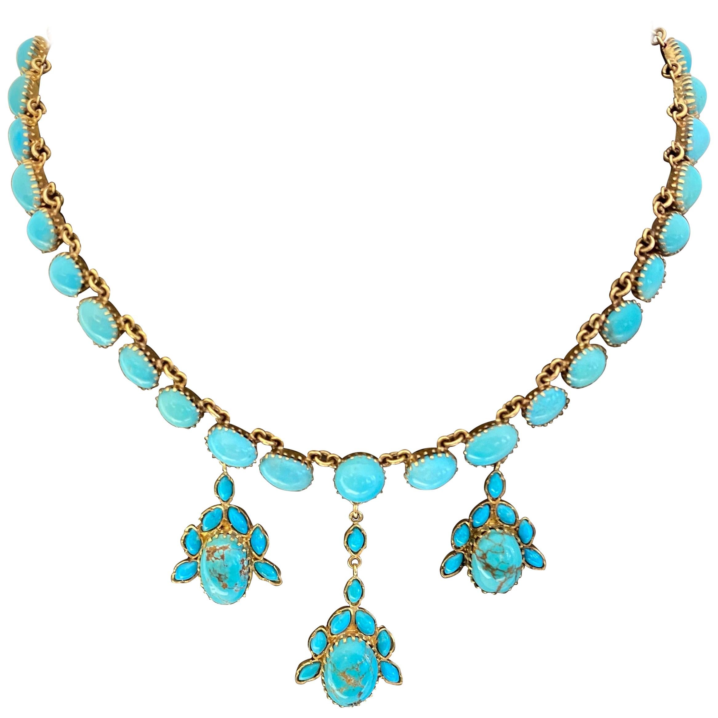 Natural Turquoise Estate Necklace and Earring Suite Set 18 Karat Yellow Gold