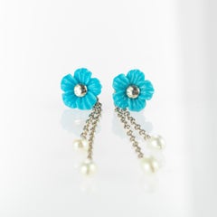 Natural Turquoise Flowers 925 Sterling Silver Freshwater Pearls Dangle Earrings