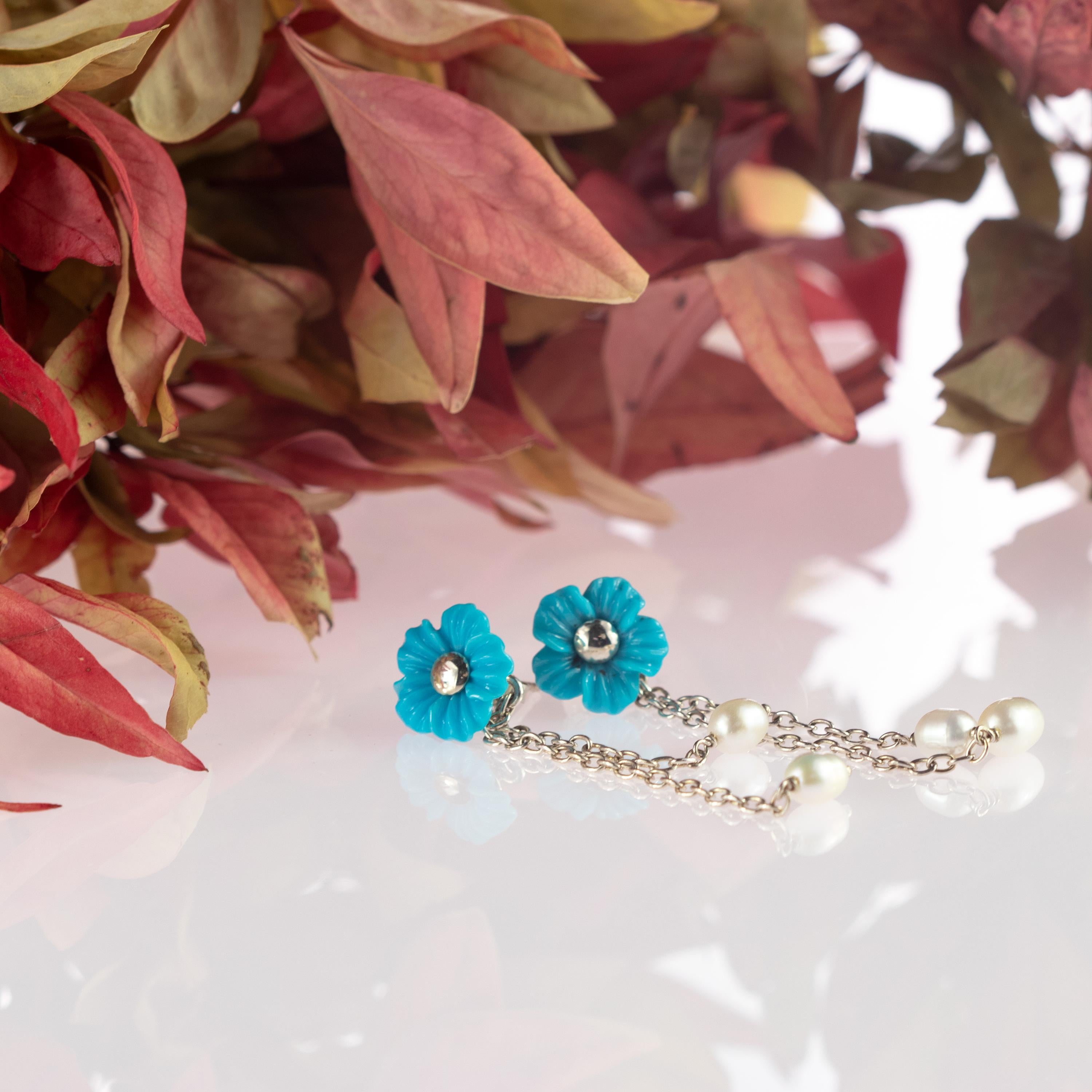 Taglio misto Orecchini con fiori di turchese naturale e perle d'acqua dolce in argento 925 in vendita