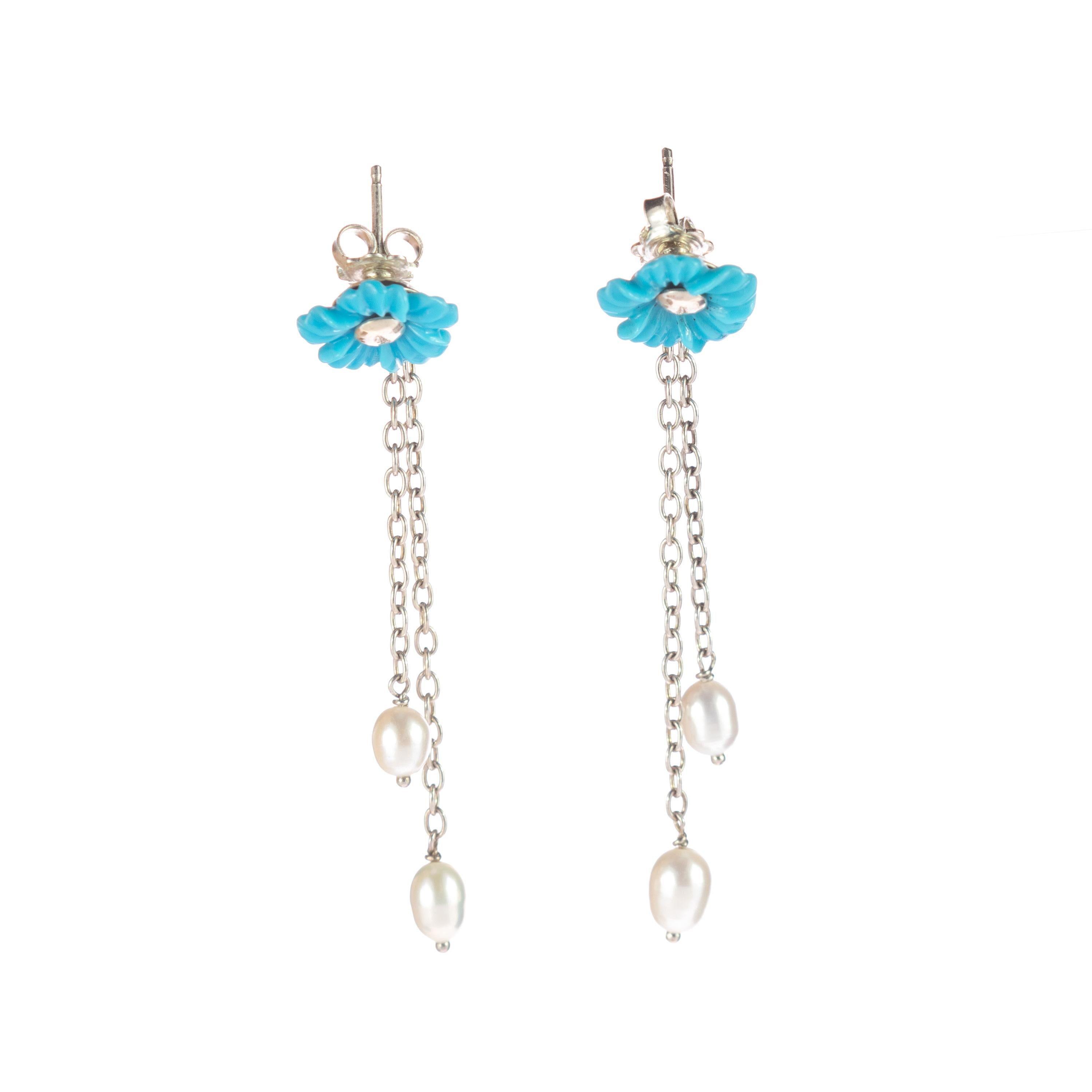 Natural Turquoise Flowers 925 Sterling Silver Freshwater Pearls Dangle Earrings In New Condition For Sale In Milano, IT