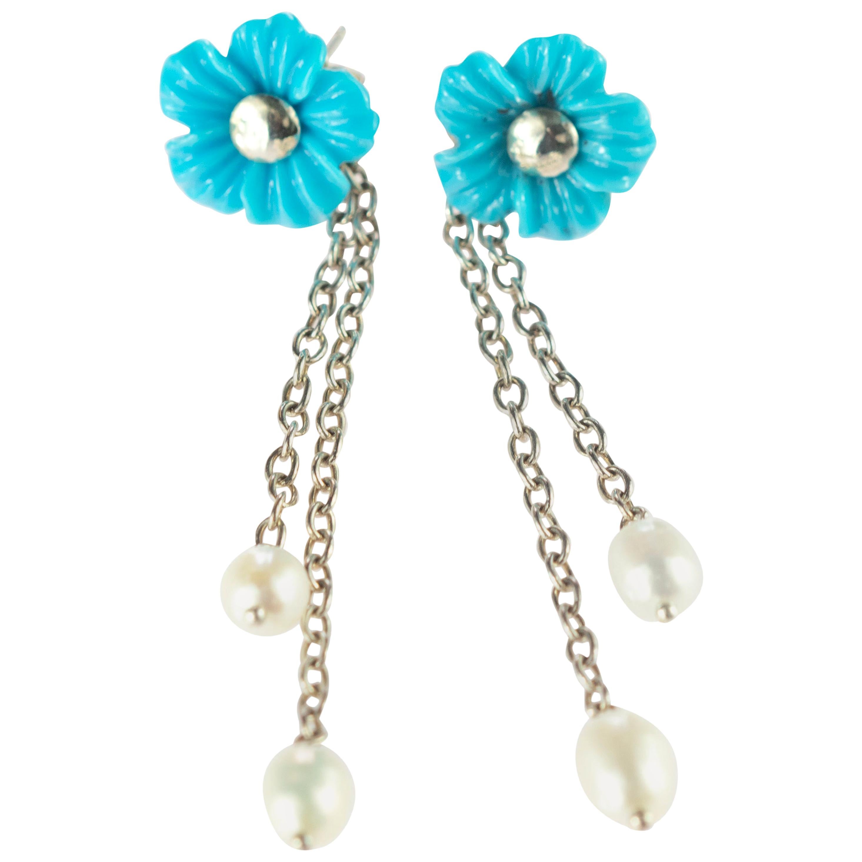 Natural Turquoise Flowers 925 Sterling Silver Freshwater Pearls Dangle Earrings For Sale