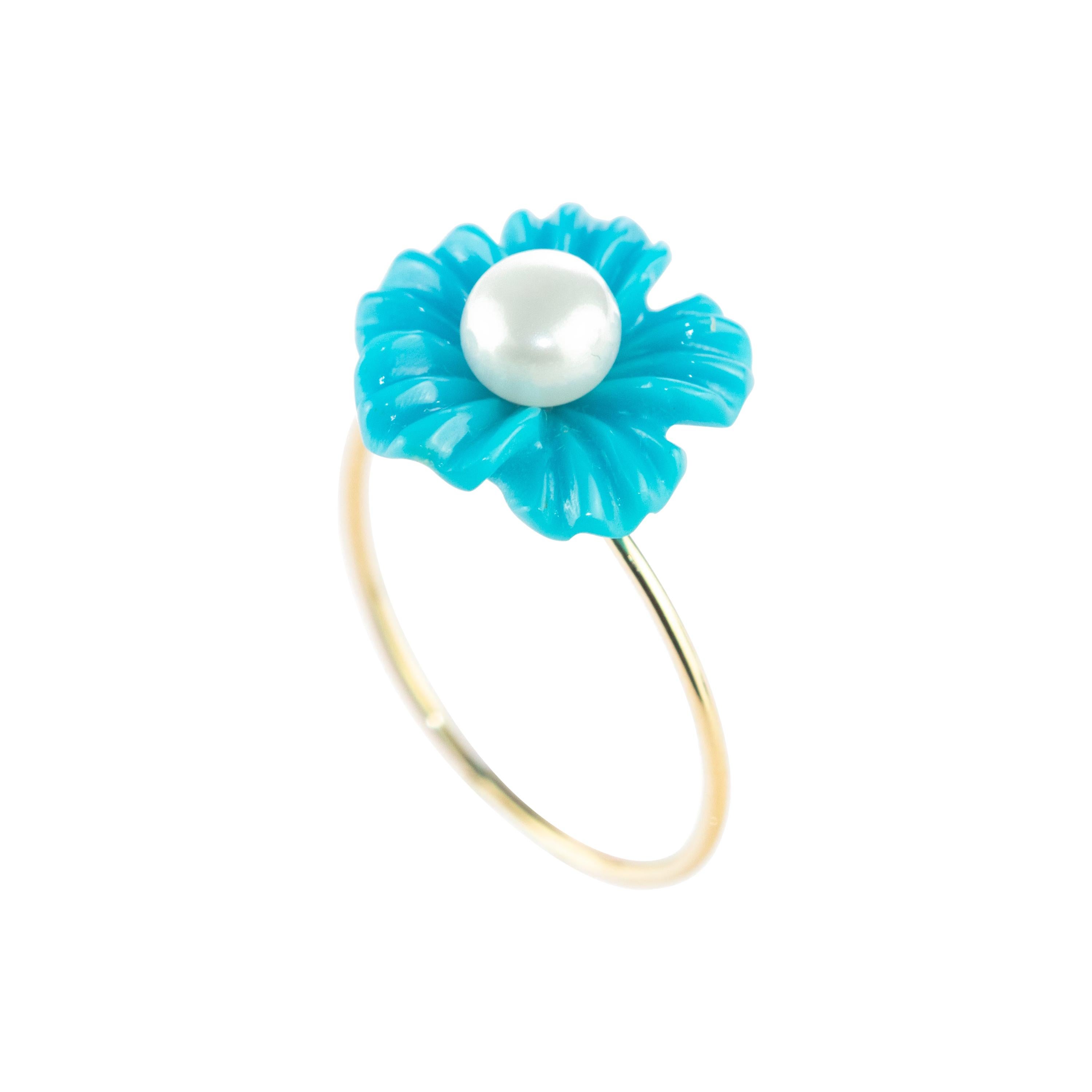 Natural Turquoise Freshwater Pearl Flower 18 Karat Gold Handmade Chic Girl Ring For Sale
