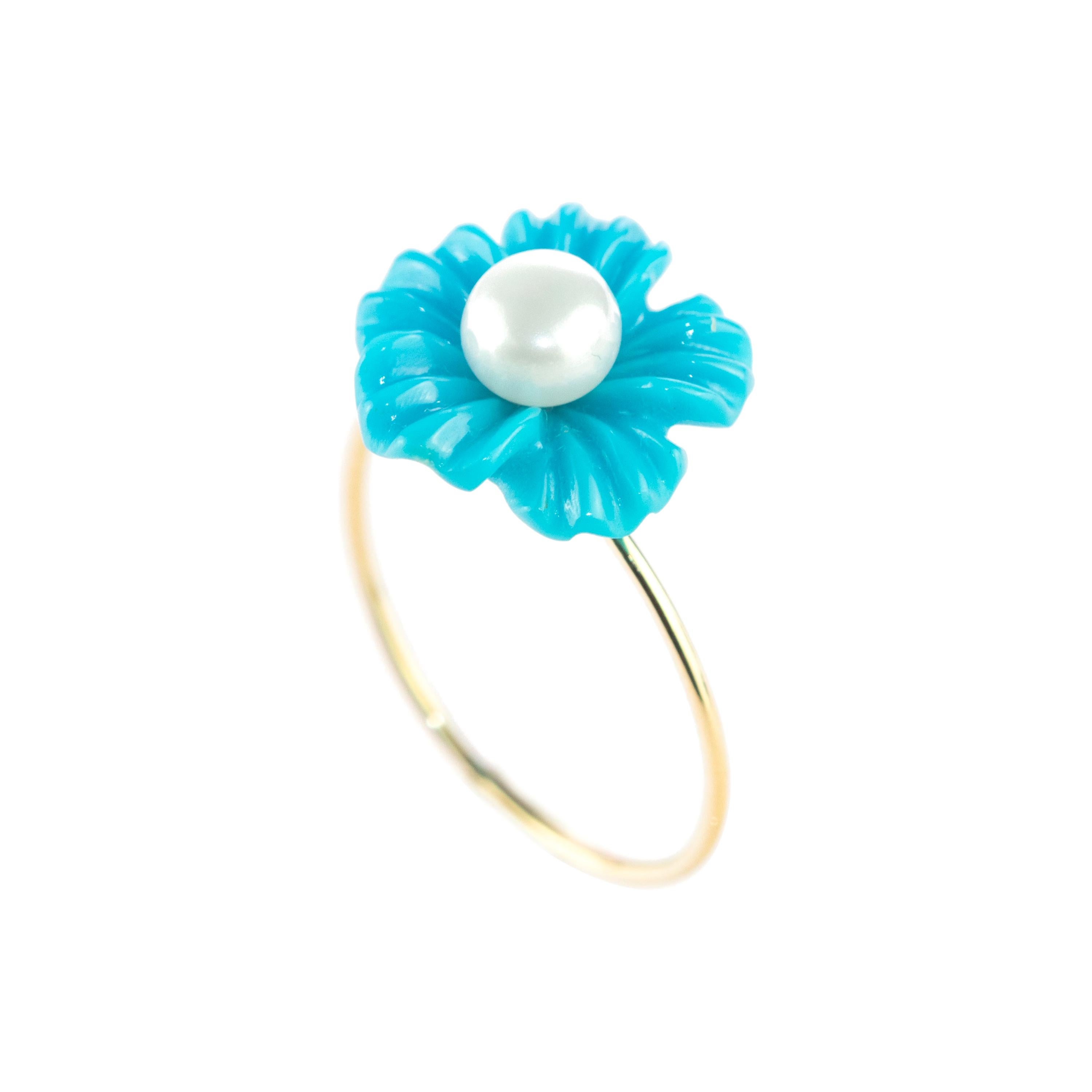 Natural Turquoise Freshwater Pearl Flower 9 Karat Gold Handmade Chic Girl Ring For Sale