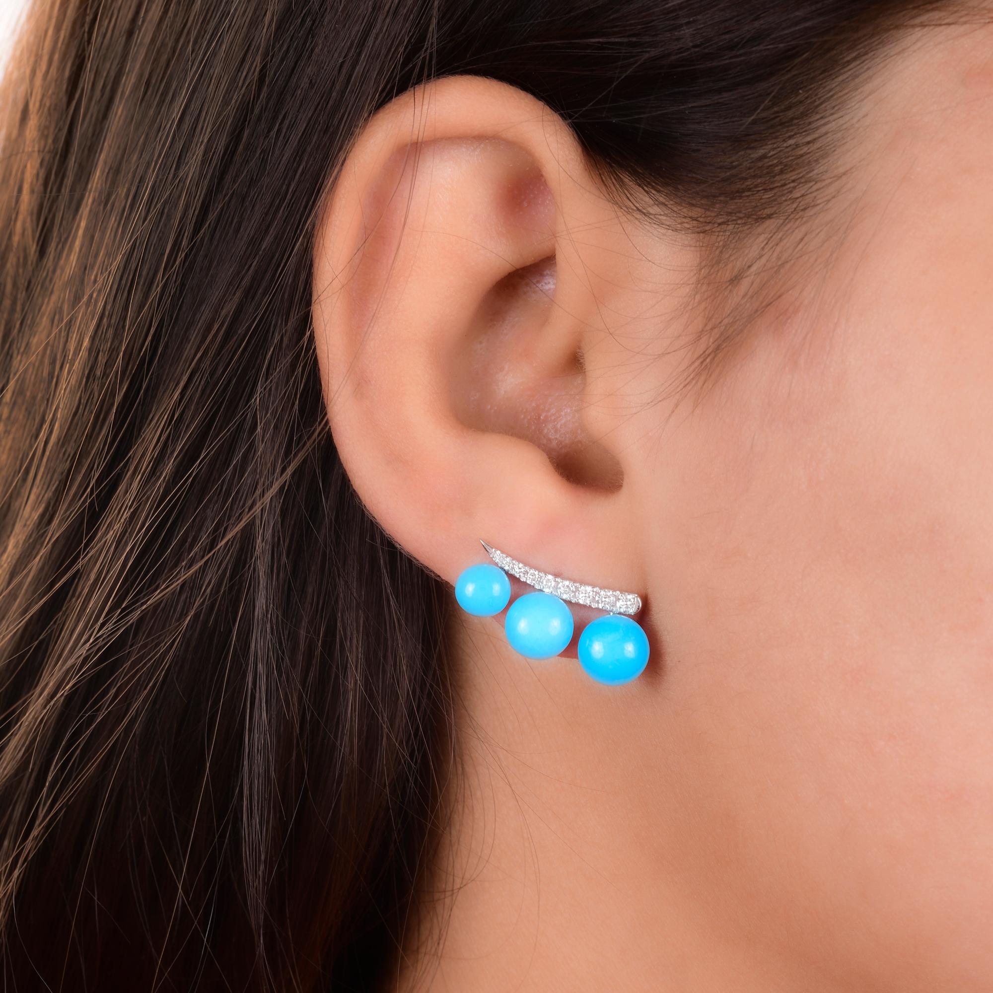Modern Natural Turquoise Gemstone Ear Climber Fine Earrings Diamond 14 Karat White Gold For Sale