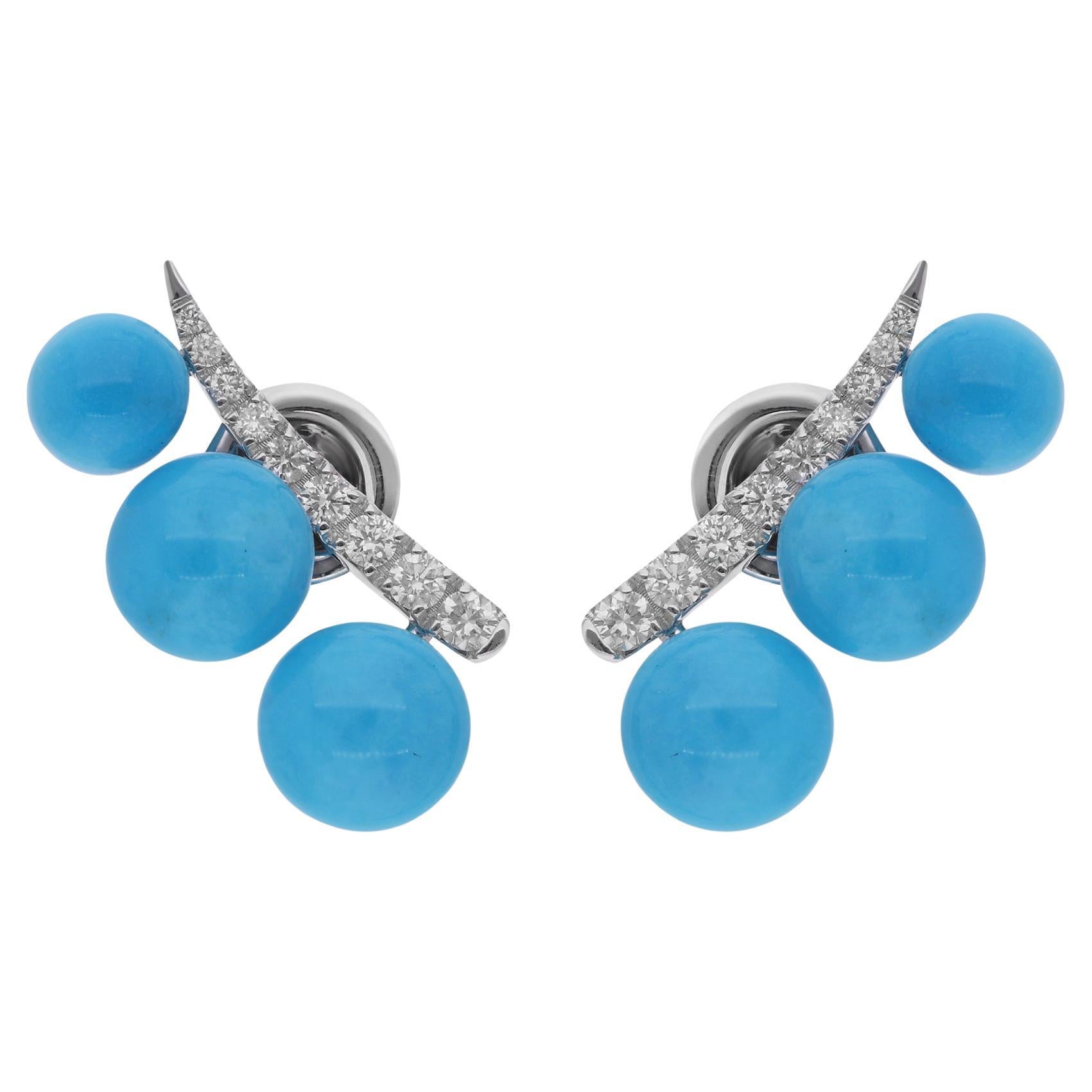 Natural Turquoise Gemstone Ear Climber Fine Earrings Diamond 14 Karat White Gold For Sale