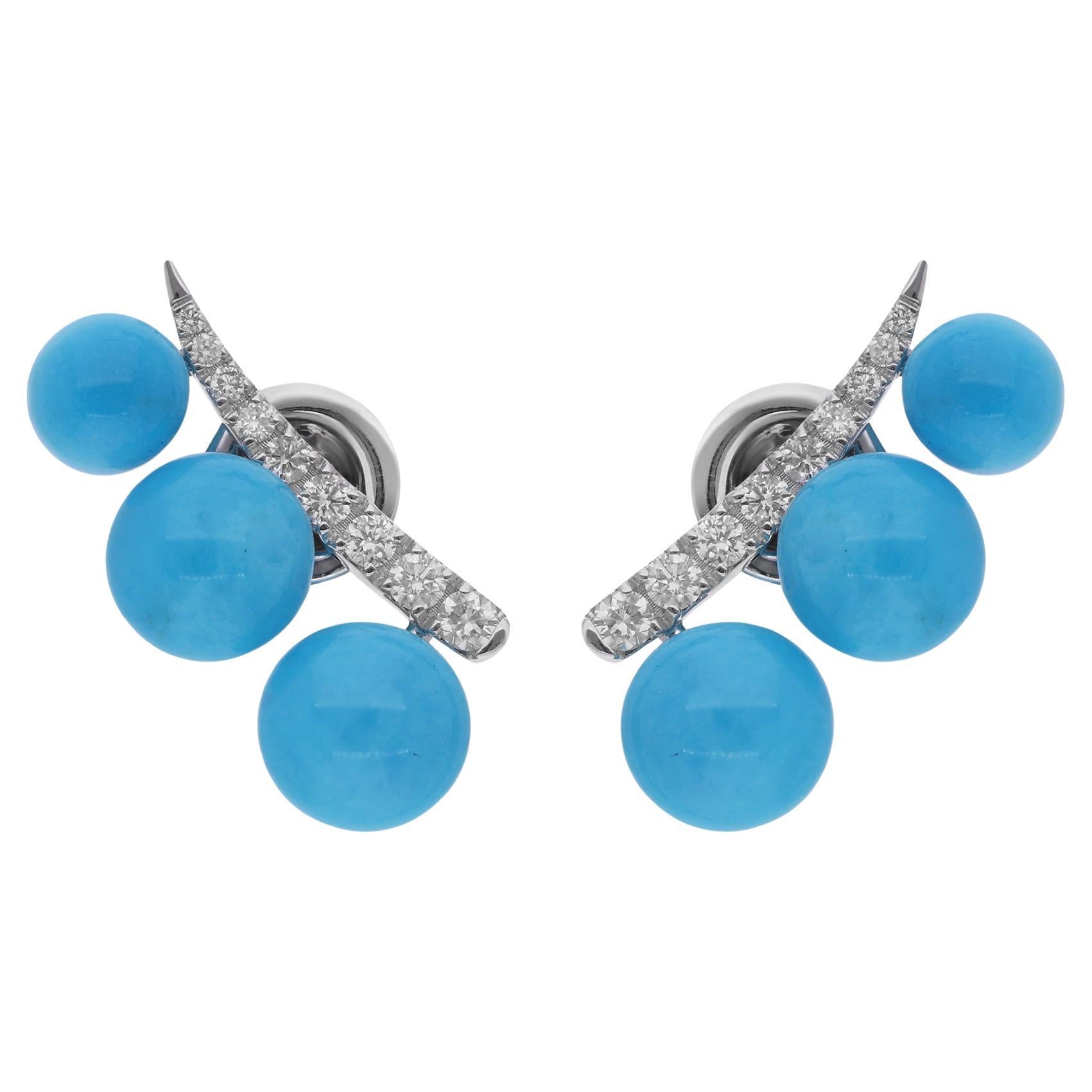 Pendientes finos de turquesa natural con diamantes y oro blanco de 14 quilates en venta