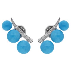 Natural Turquoise Gemstone Ear Climber Fine Earrings Diamond 14 Karat White Gold