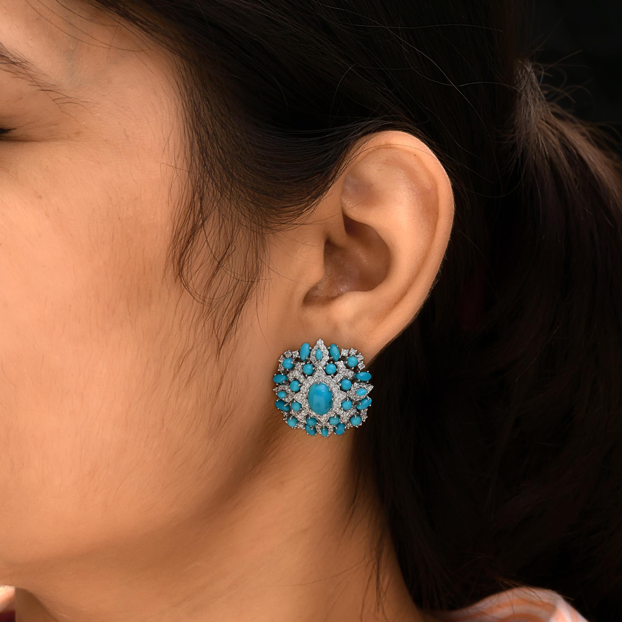 Modern Natural Turquoise Gemstone Earrings SI/H Diamond 14 Karat White Gold Jewelry For Sale