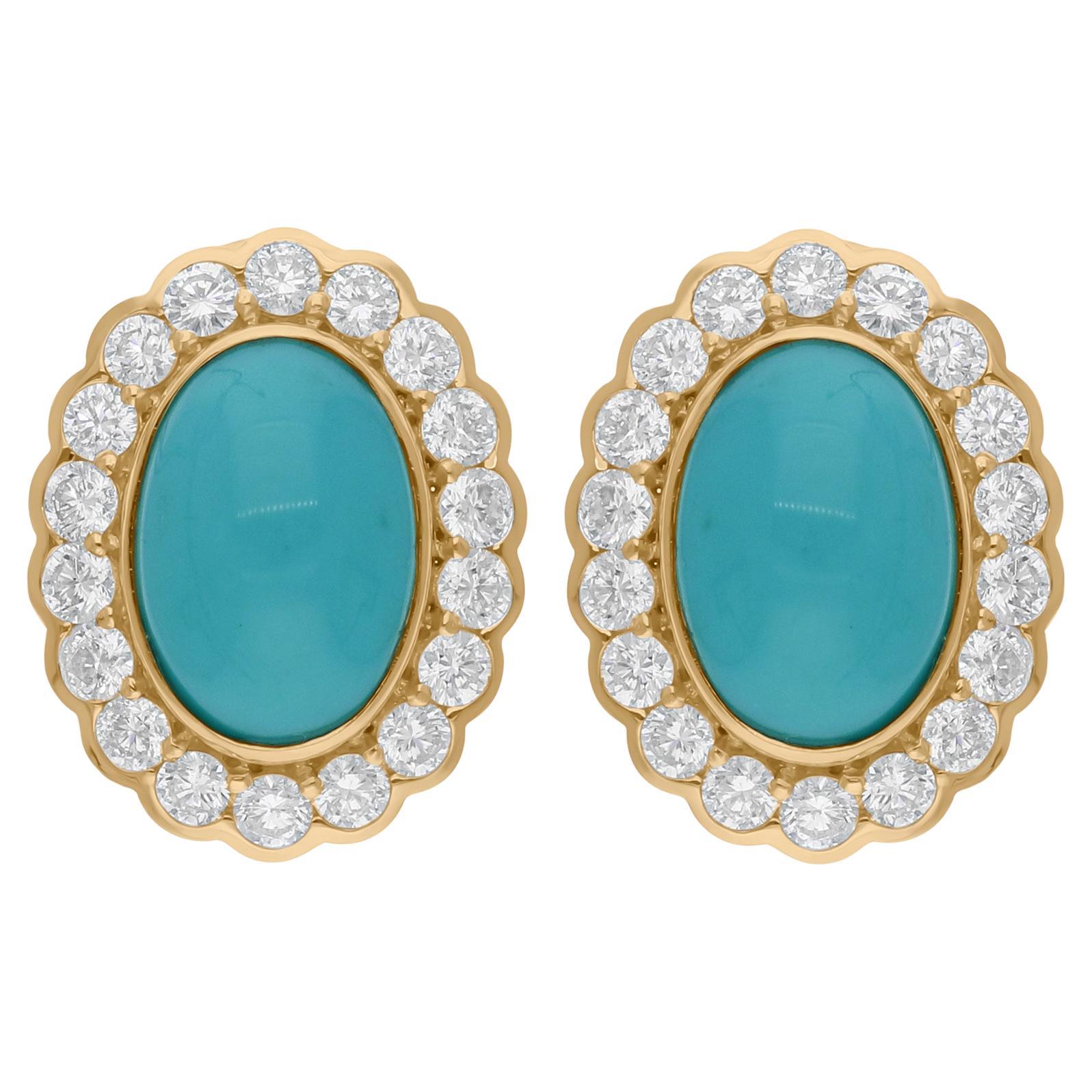 Pendientes de Turquesa Natural SI/H Diamante Joyas de Oro Amarillo de 14 Kilates en venta