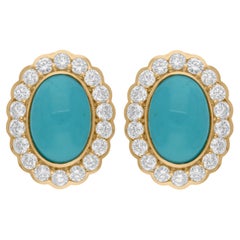 Natural Turquoise Gemstone Earrings SI/H Diamond 14 Karat Yellow Gold Jewelry