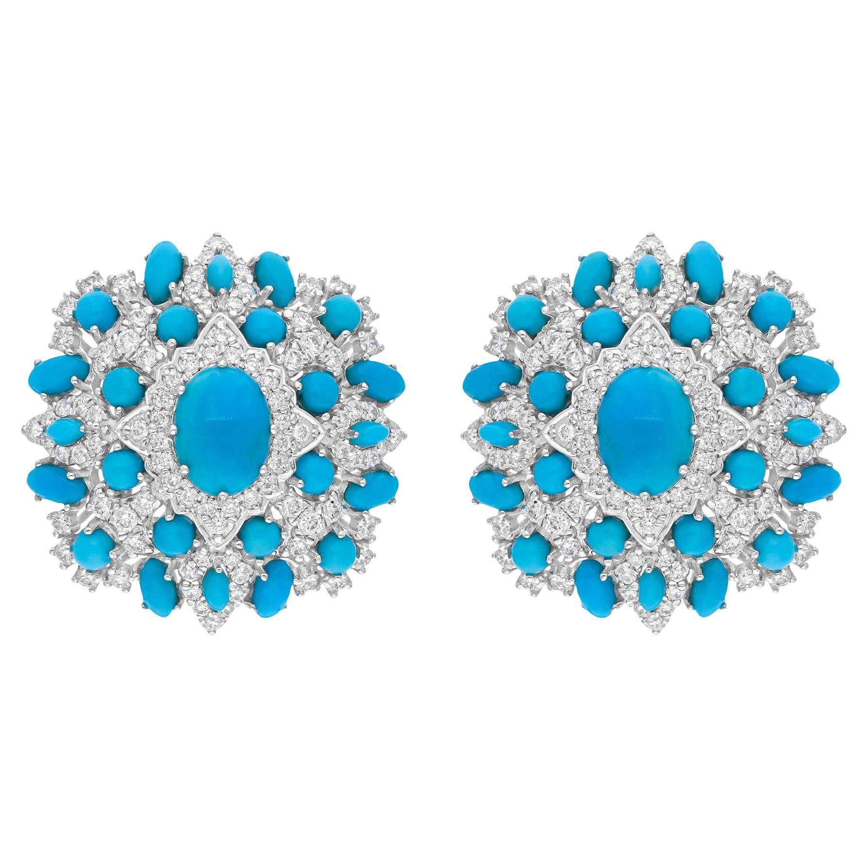 Modern Natural Turquoise Gemstone Earrings SI/H Diamond 18 Karat White Gold Jewelry For Sale