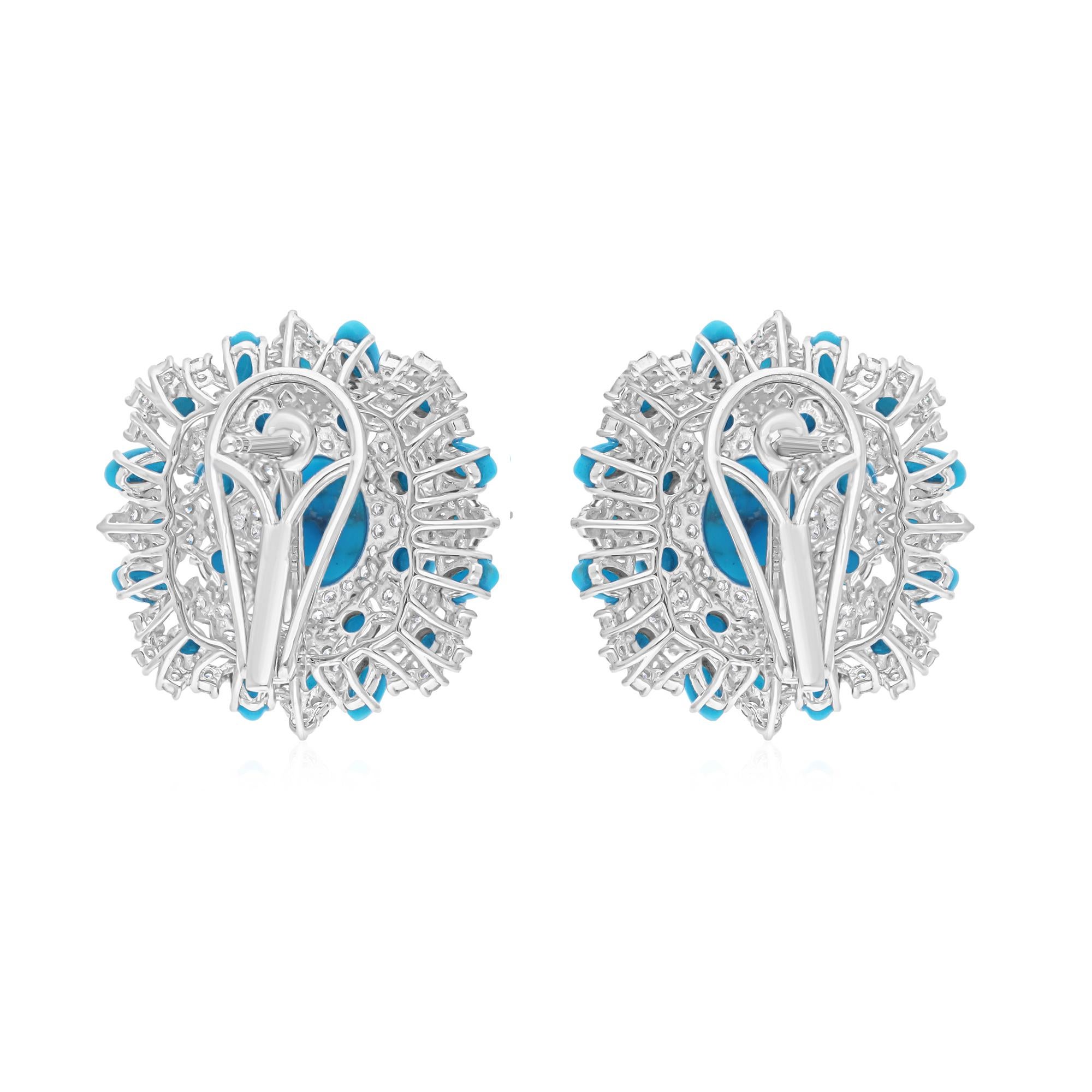 Oval Cut Natural Turquoise Gemstone Earrings SI/H Diamond 18 Karat White Gold Jewelry