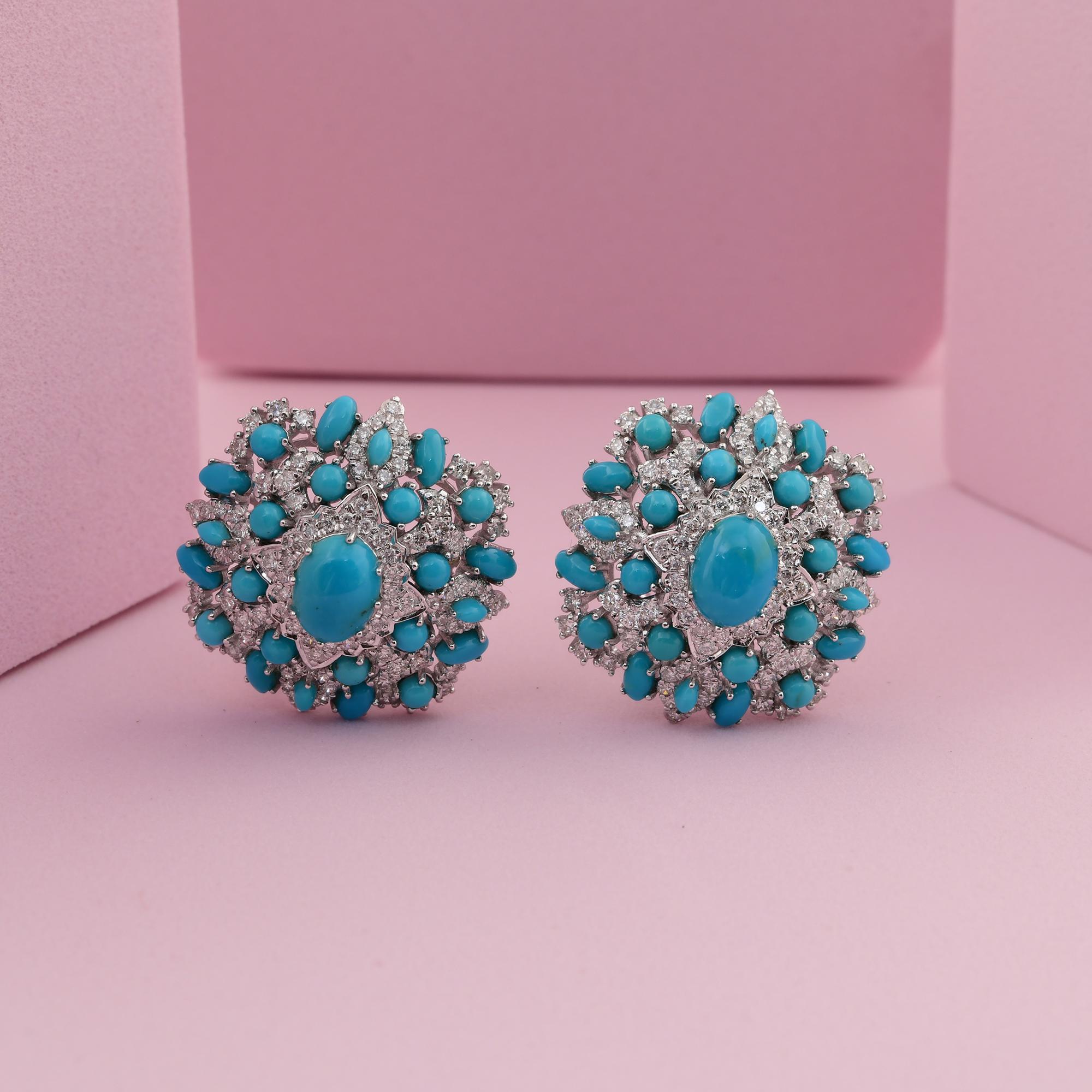 Natural Turquoise Gemstone Earrings SI/H Diamond 18 Karat White Gold Jewelry In New Condition In Diera, Dubai