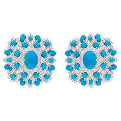 Natural Turquoise Gemstone Earrings SI/H Diamond 18 Karat White Gold Jewelry