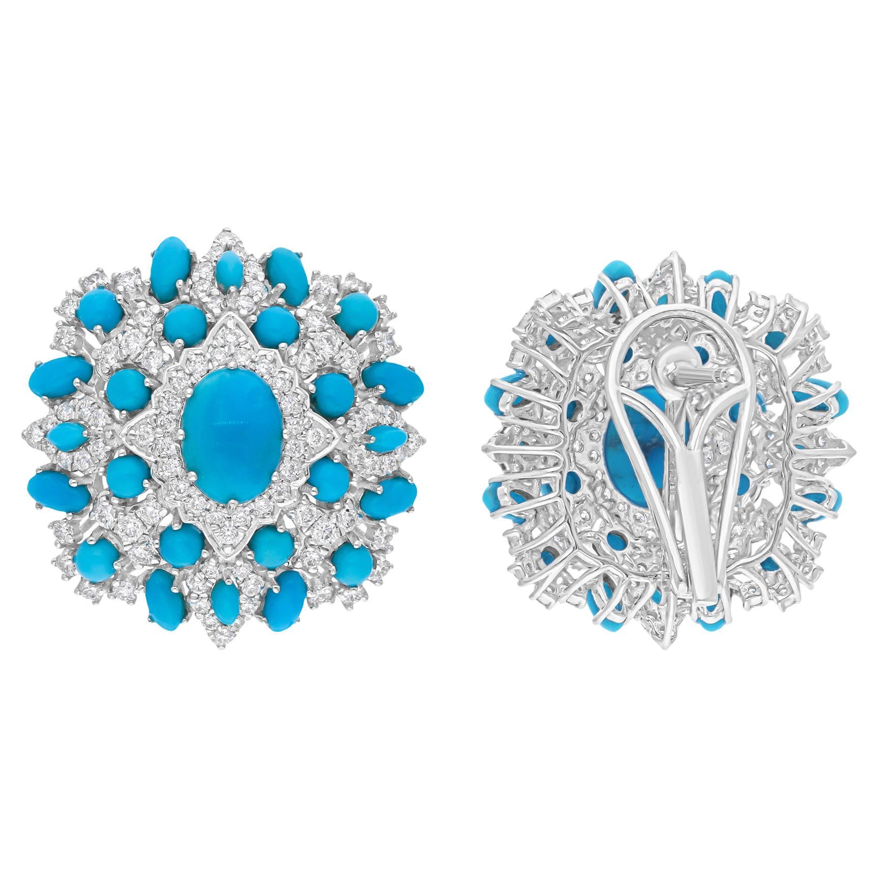 Natural Turquoise Gemstone Earrings SI/H Diamond 18 Karat White Gold Jewelry For Sale