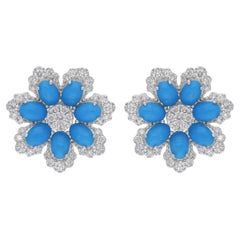 Pendientes de piedras preciosas de turquesa natural SI/H Diamante Joyas de oro blanco de 18 quilates