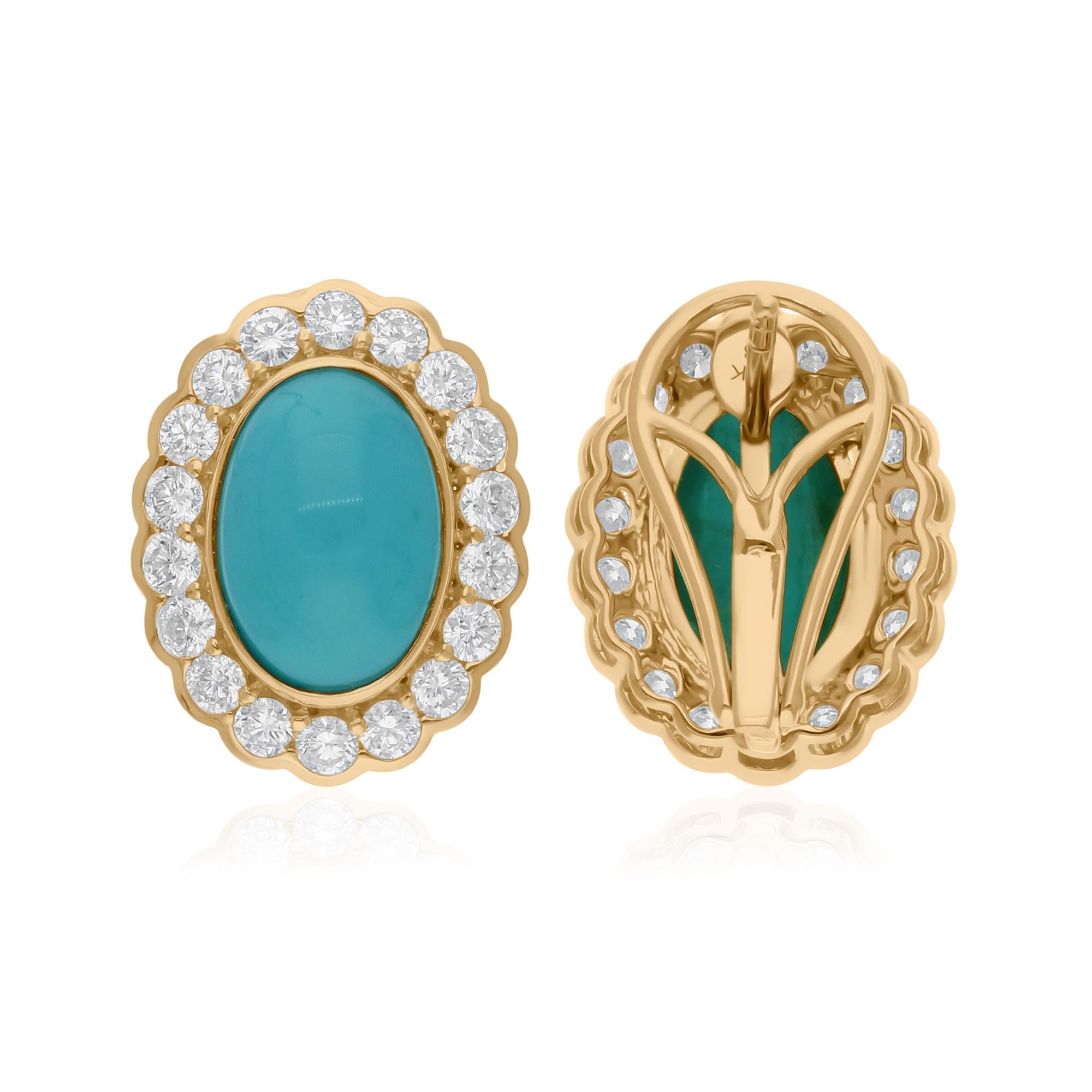 Cast from 18-karat gold, these exquisite earrings are handset with 5.98 carats turquoise and 1.63 carats of sparkling diamonds.

FOLLOW SPECTRUM JEWELS storefront to view the latest collection & exclusive pieces. Spectrum Jewels is proudly rated as