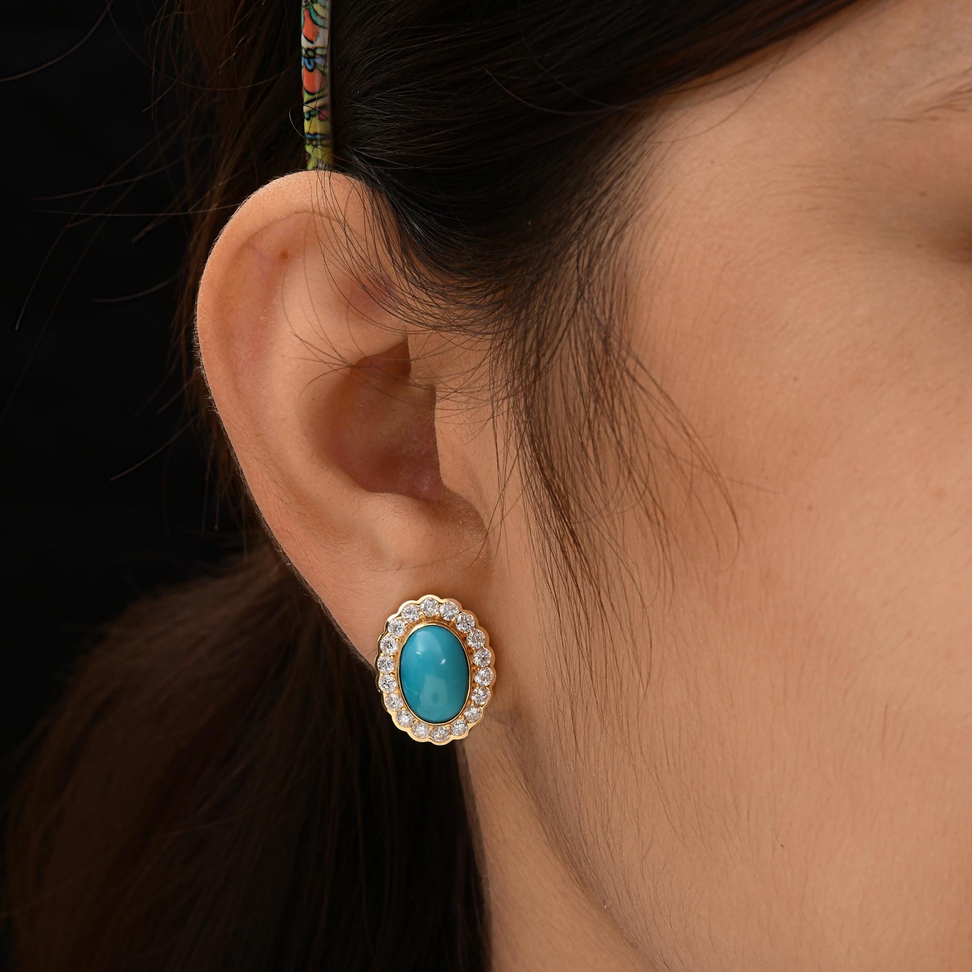 Modern Natural Turquoise Gemstone Earrings SI/H Diamond 18 Karat Yellow Gold Jewelry For Sale