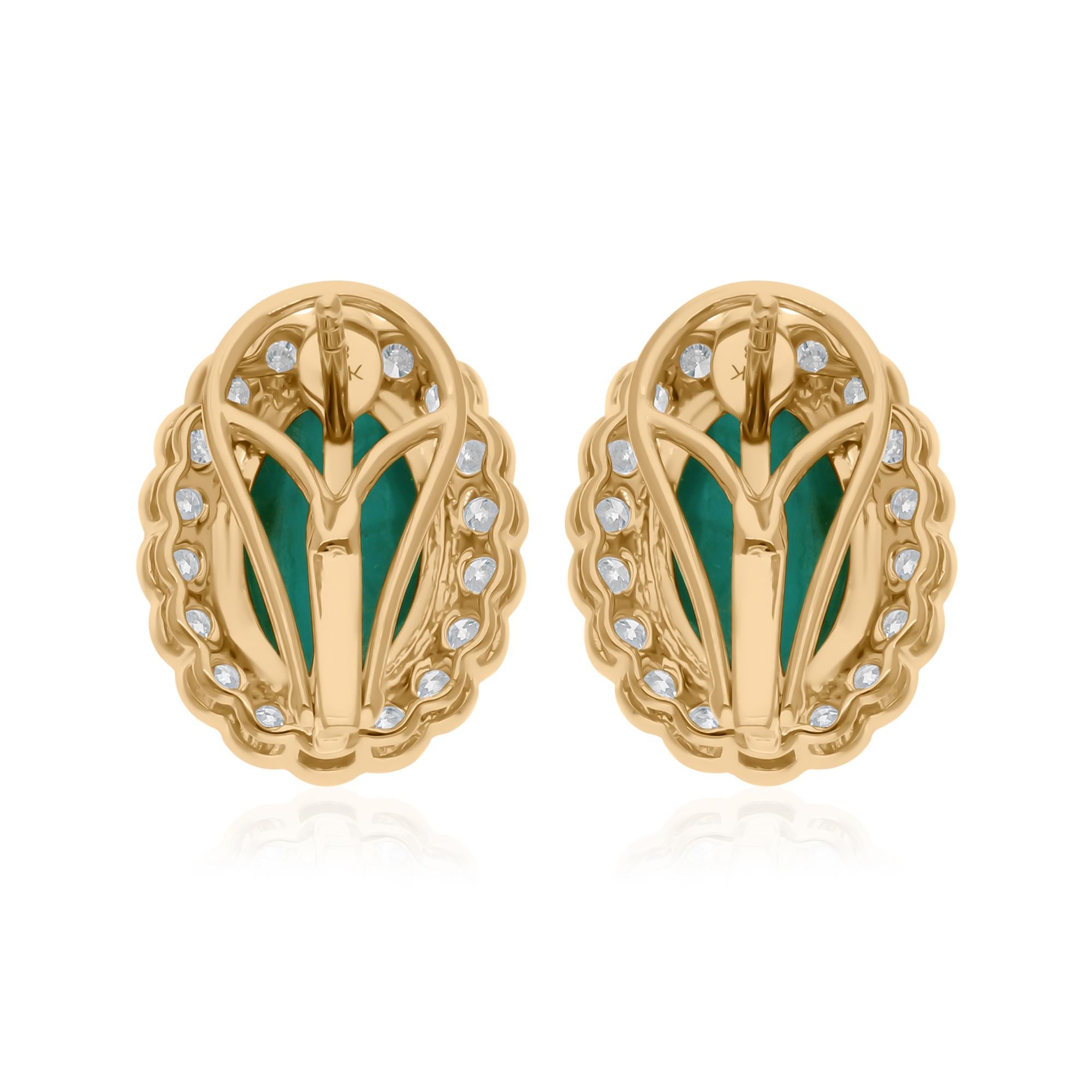 Oval Cut Natural Turquoise Gemstone Earrings SI/H Diamond 18 Karat Yellow Gold Jewelry For Sale