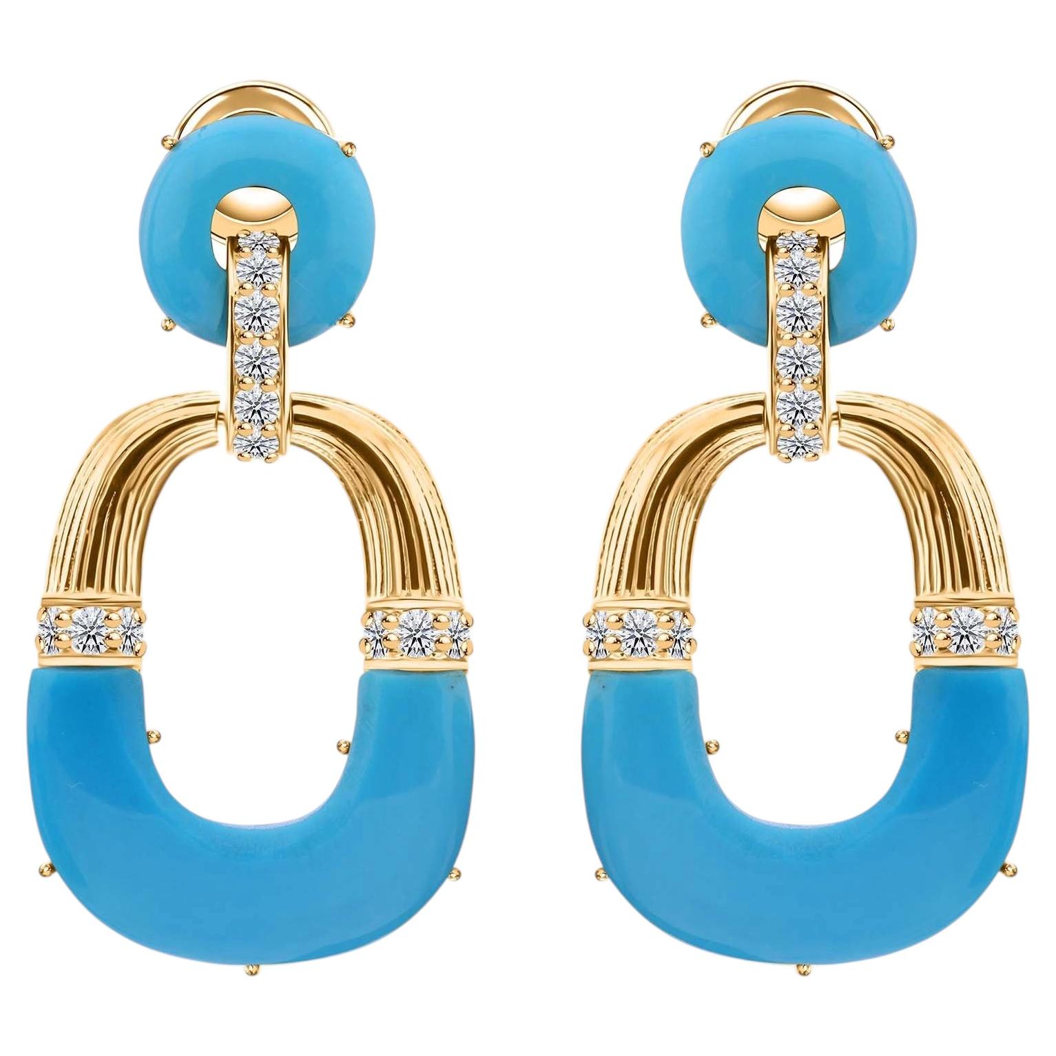Natural Turquoise Gemstone SI/H Diamond Earrings 18 Karat Yellow Gold Jewelry