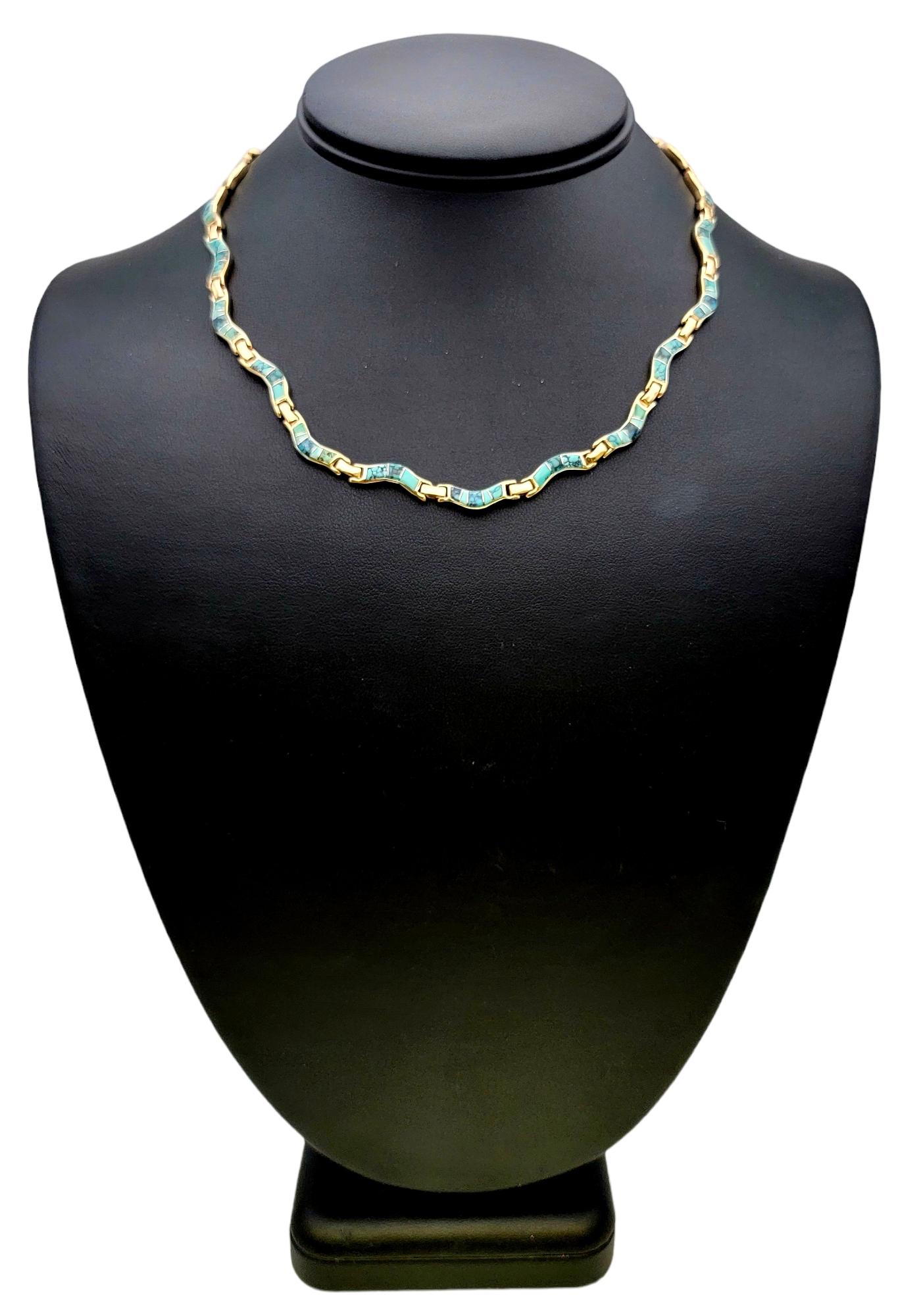 Natural Turquoise Inlay Wavy Choker Necklace in 14 Karat Yellow Gold For Sale 5