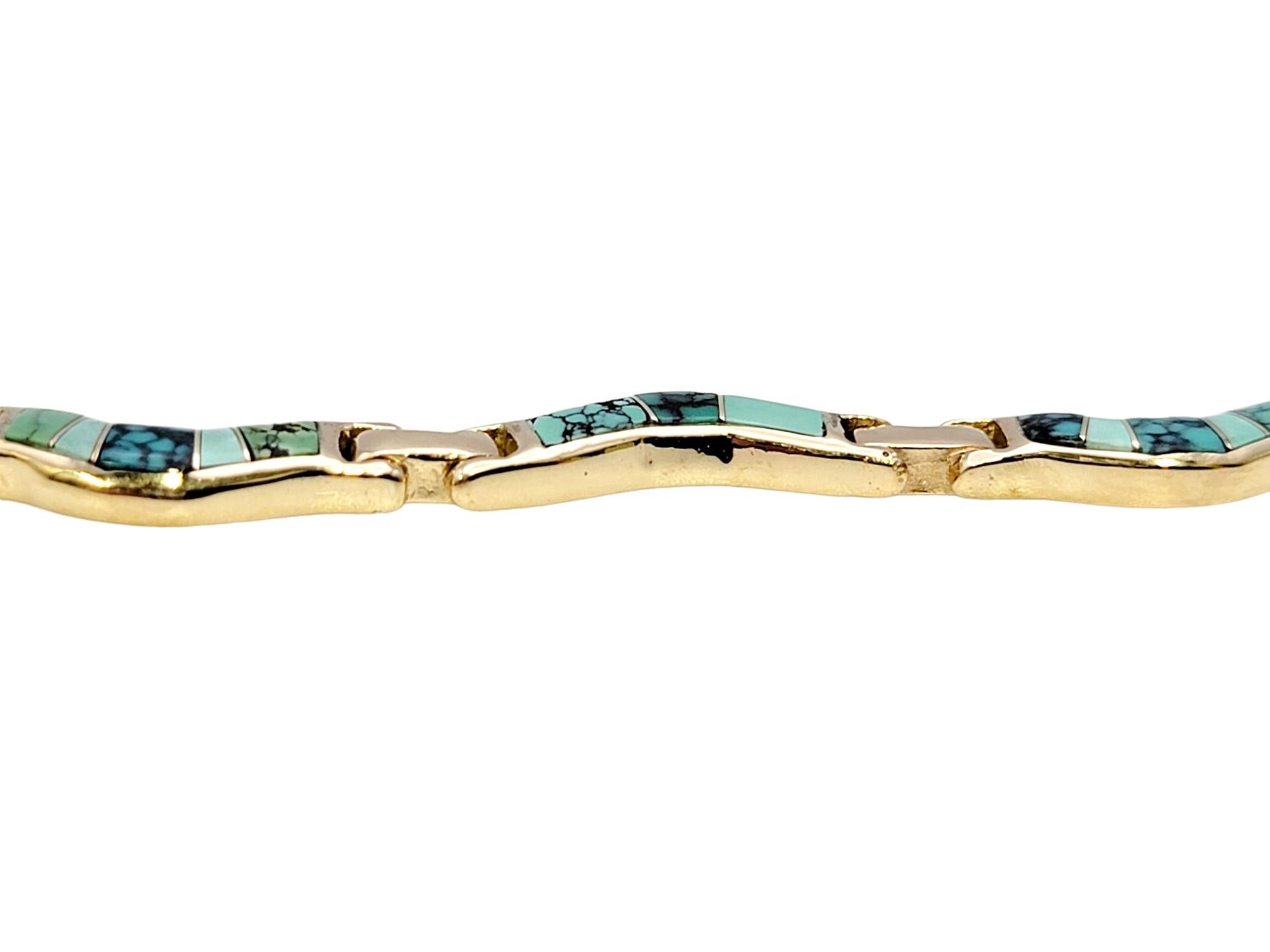 Tumbled Natural Turquoise Inlay Wavy Choker Necklace in 14 Karat Yellow Gold For Sale