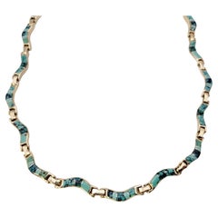 Natural Turquoise Inlay Wavy Choker Necklace in 14 Karat Yellow Gold