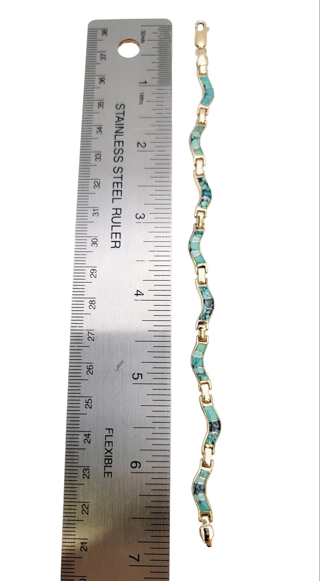 Natural Turquoise Inlay Wavy Link Bracelet in Polished 14 Karat Yellow Gold For Sale 9