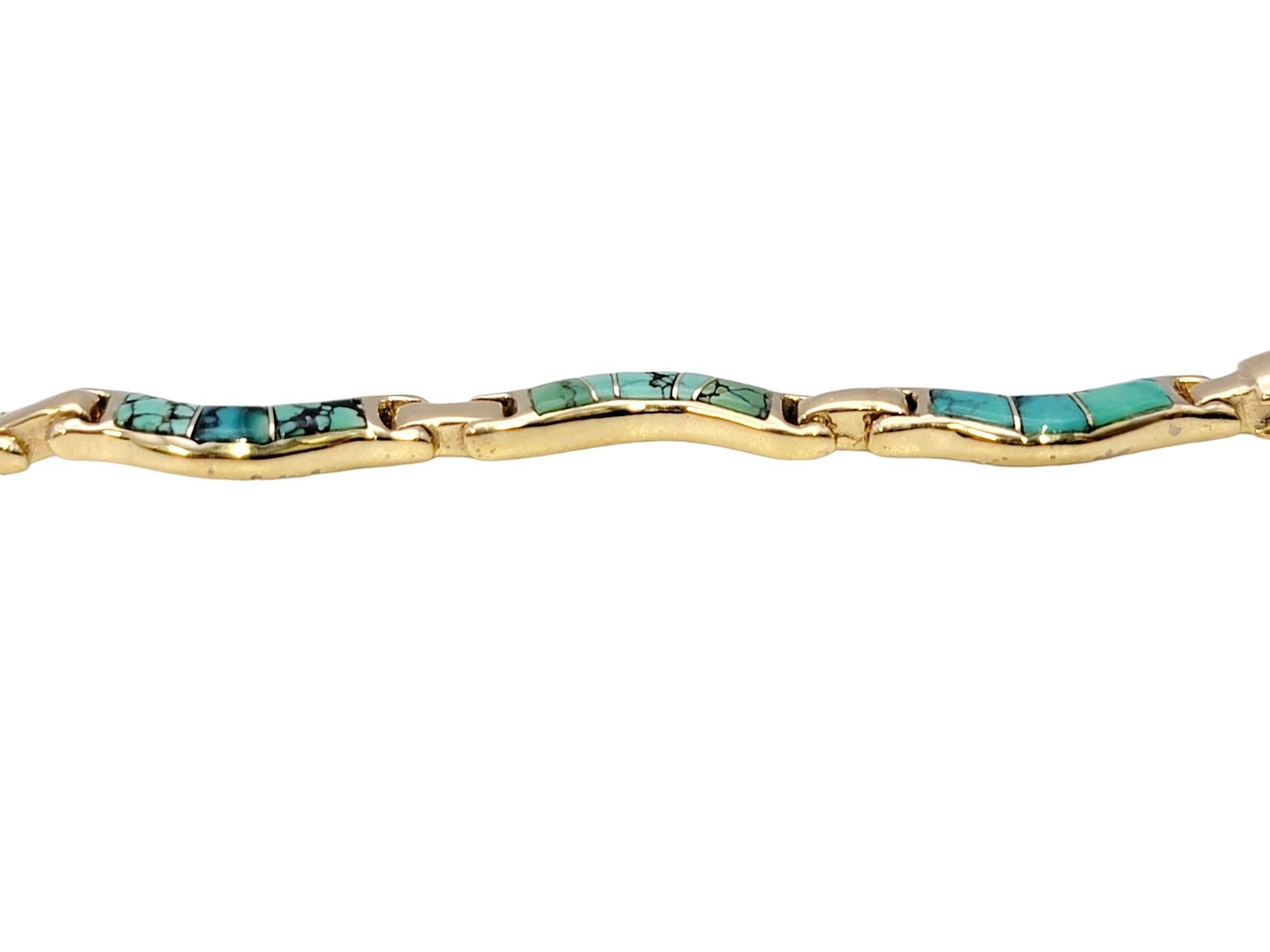 Women's Natural Turquoise Inlay Wavy Link Bracelet in Polished 14 Karat Yellow Gold For Sale