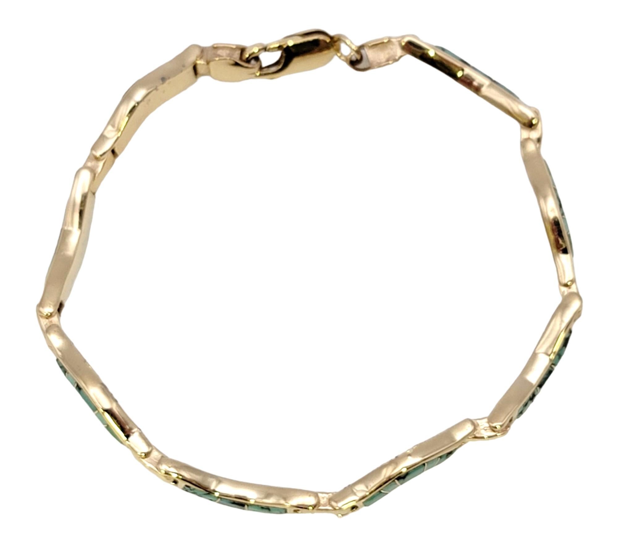 Natural Turquoise Inlay Wavy Link Bracelet in Polished 14 Karat Yellow Gold For Sale 1