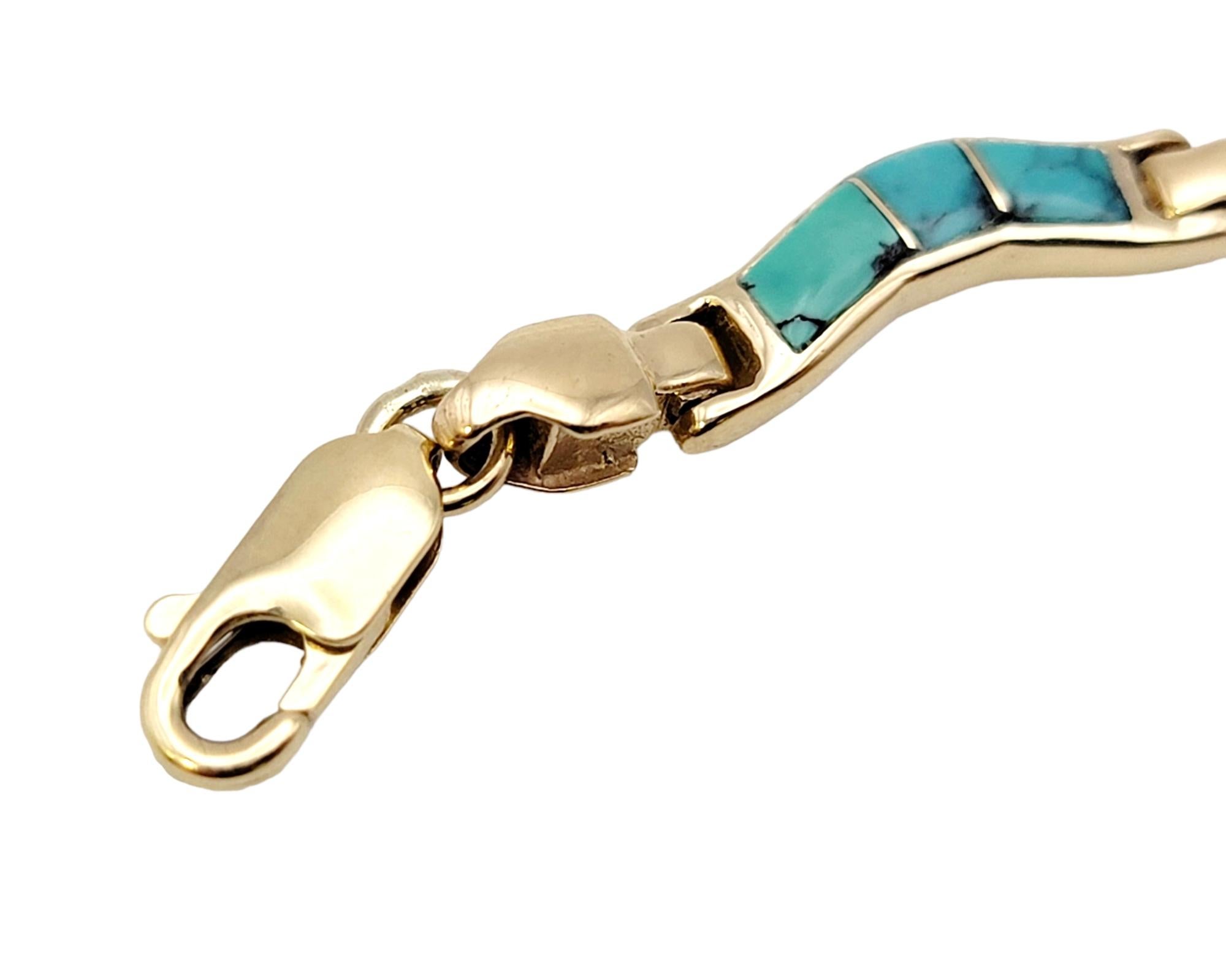 Natural Turquoise Inlay Wavy Link Bracelet in Polished 14 Karat Yellow Gold For Sale 3